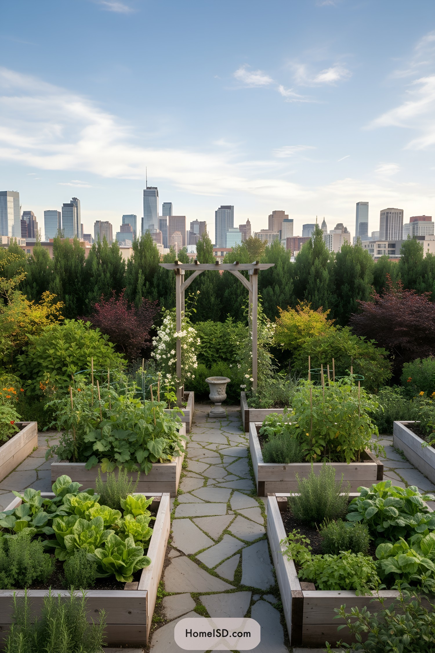 Rooftop garden with a city skyline view