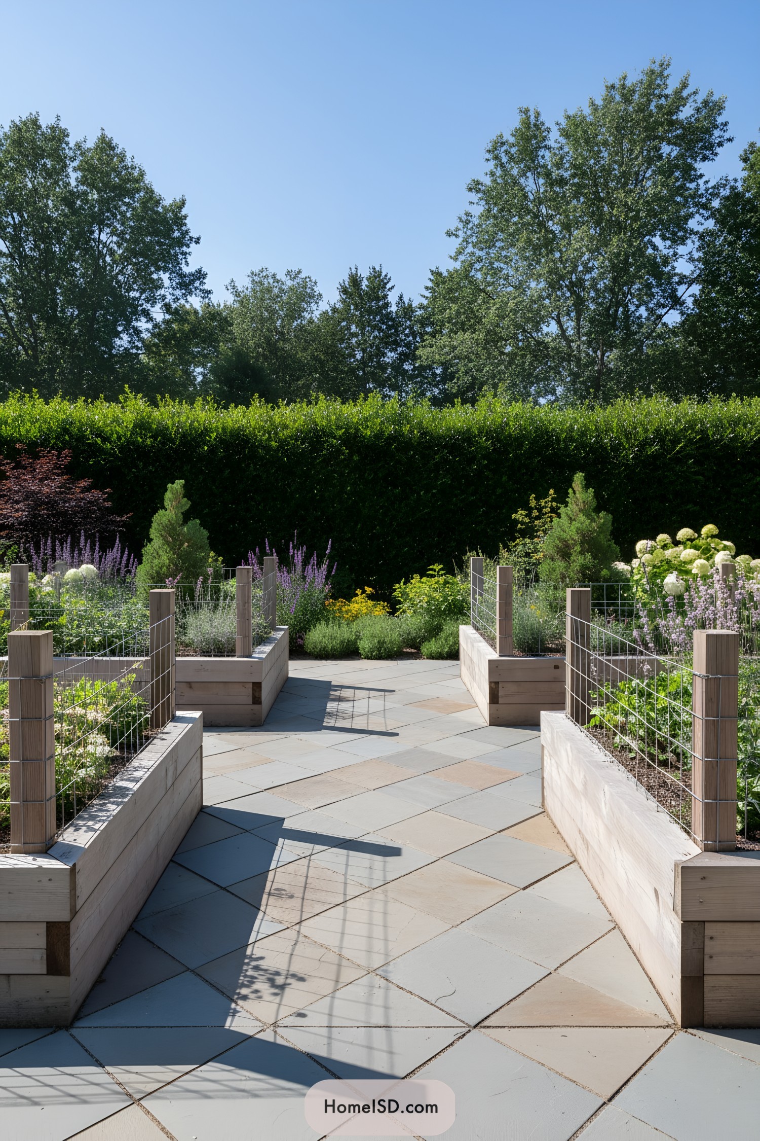 Wooden planter boxes in a landscaped garden