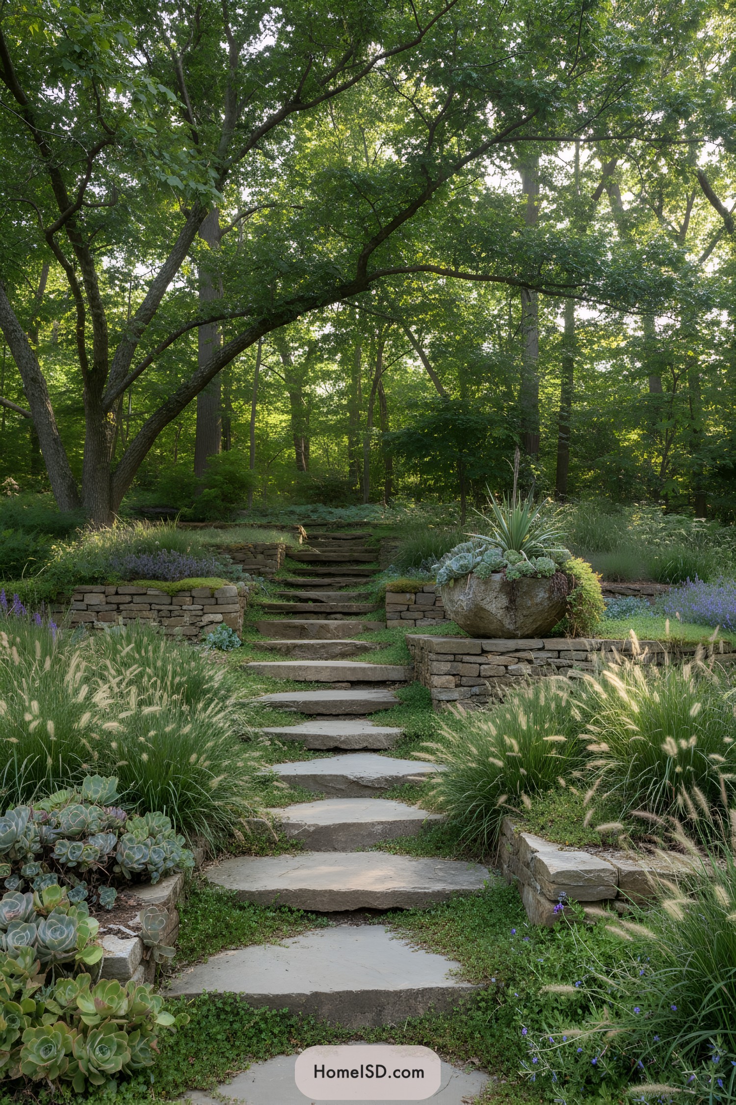 Stone pathway surrounded by lush greenery