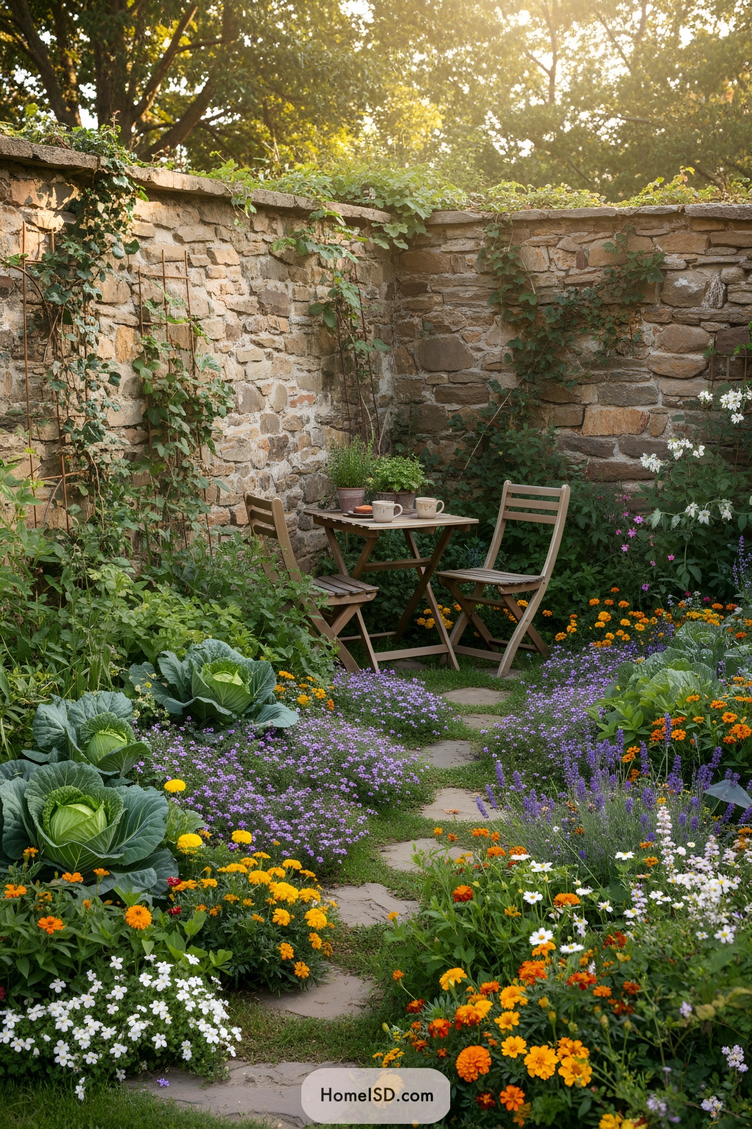 Lush garden corner with stone wall, blooming flowers, and wooden seating