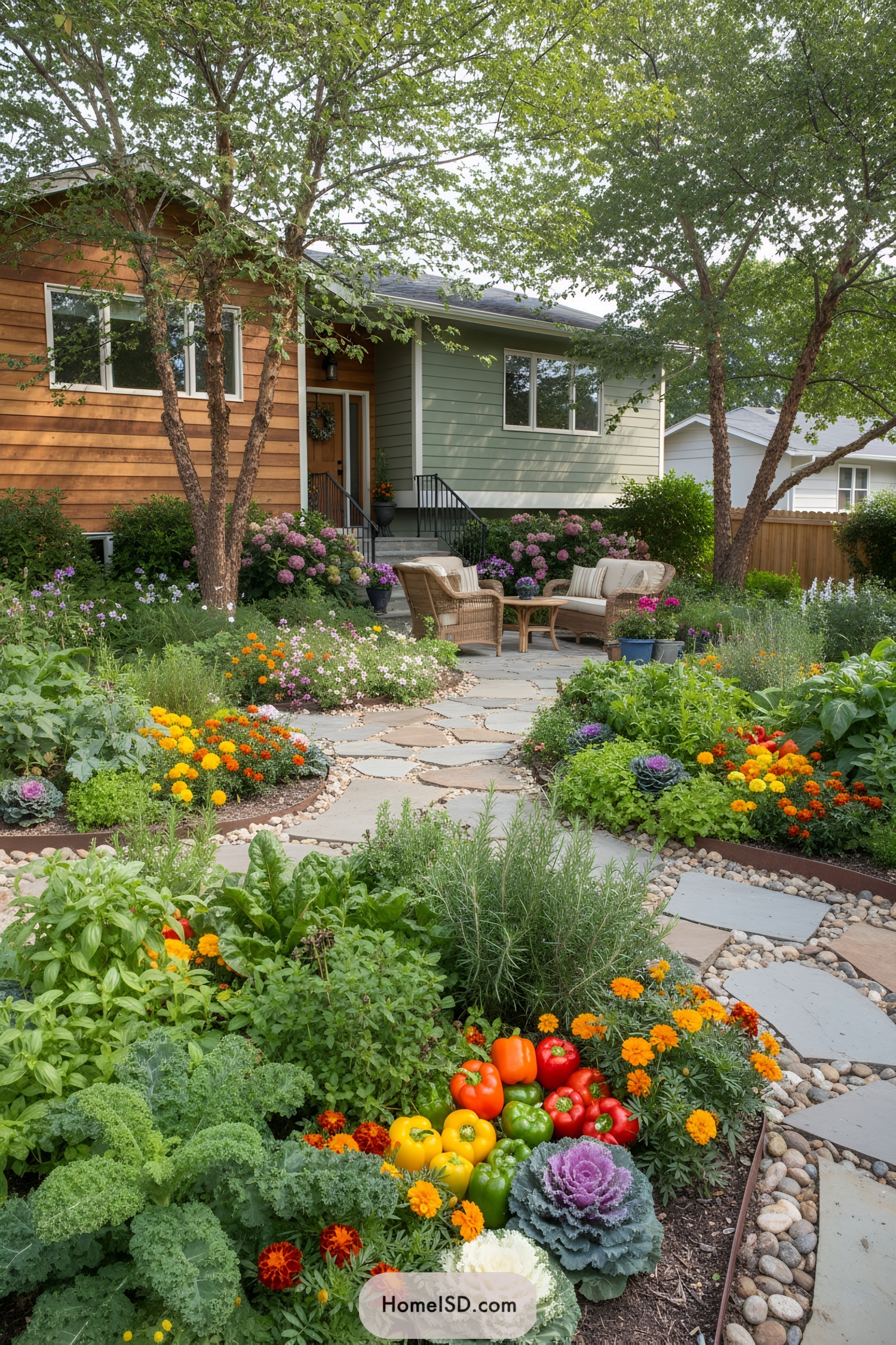 Colorful garden with a stone path and cozy seating