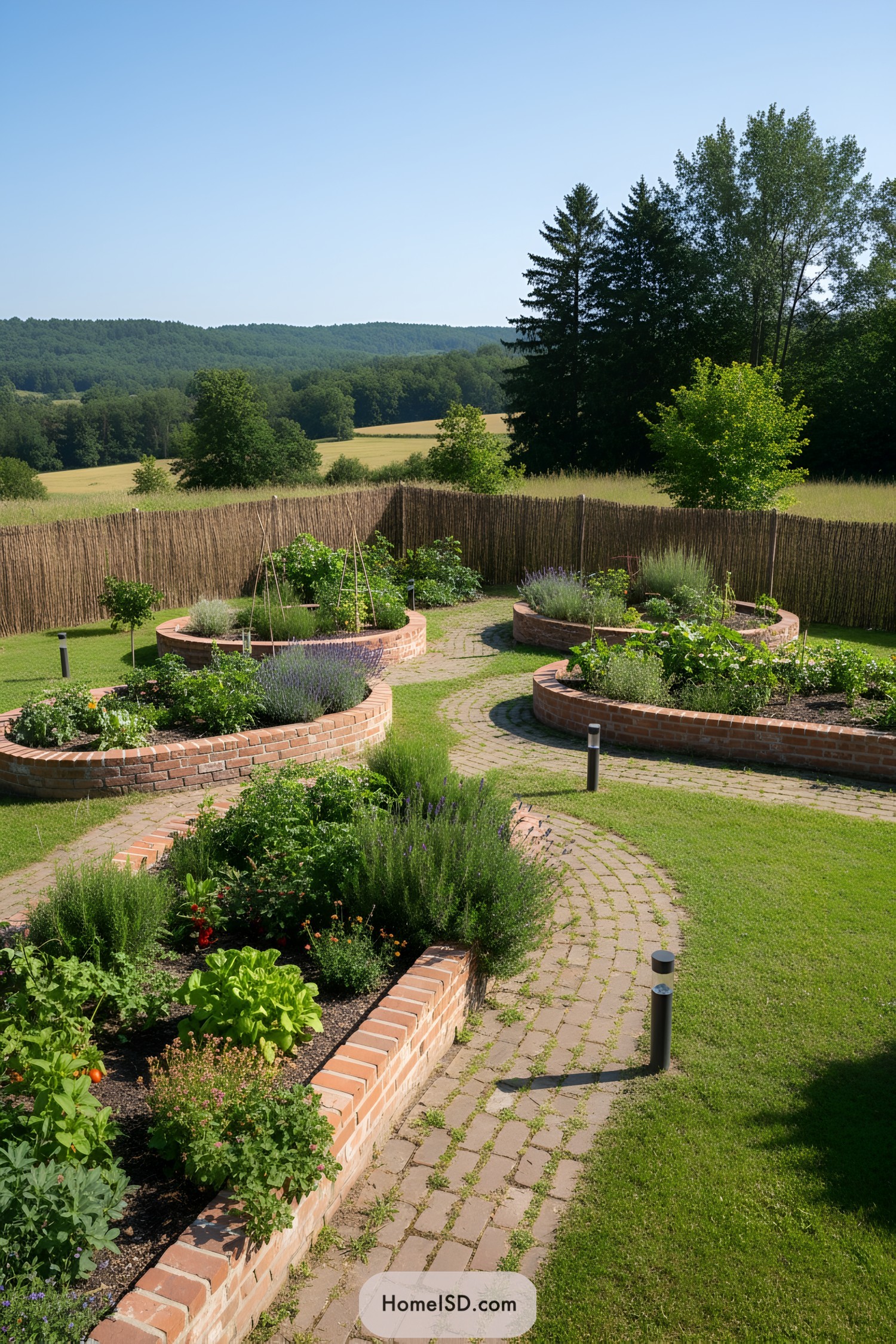 Lush garden with brick-edged plant beds