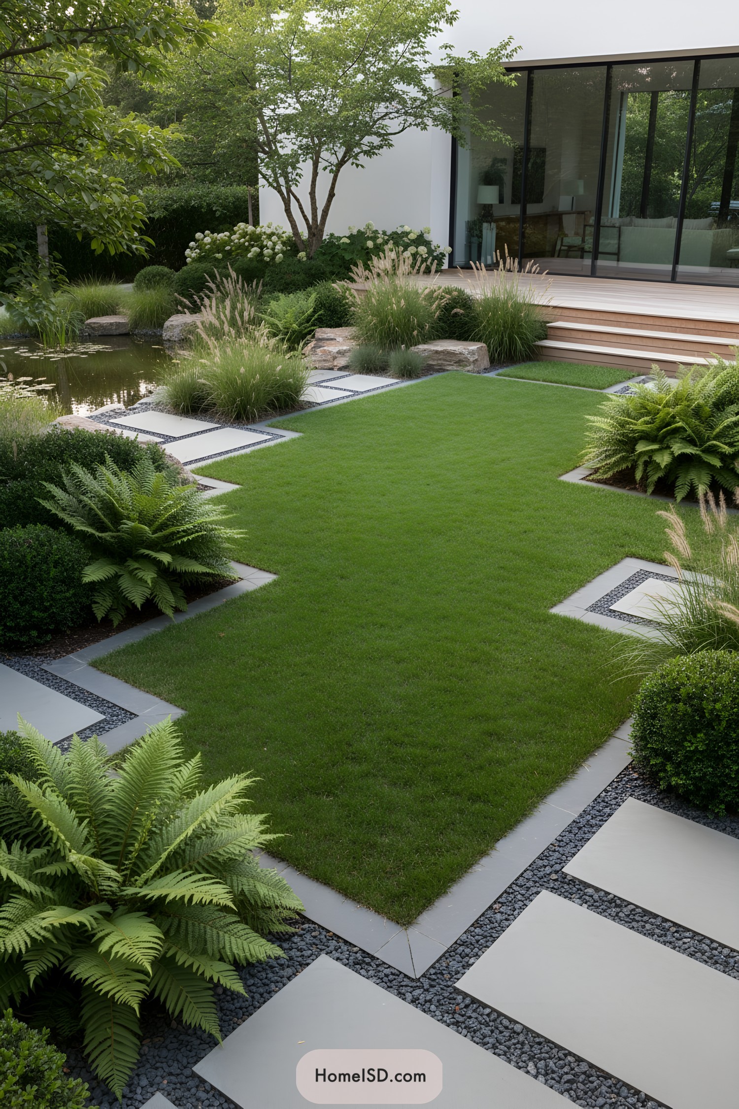 Lush garden with modern stone pathway and pond