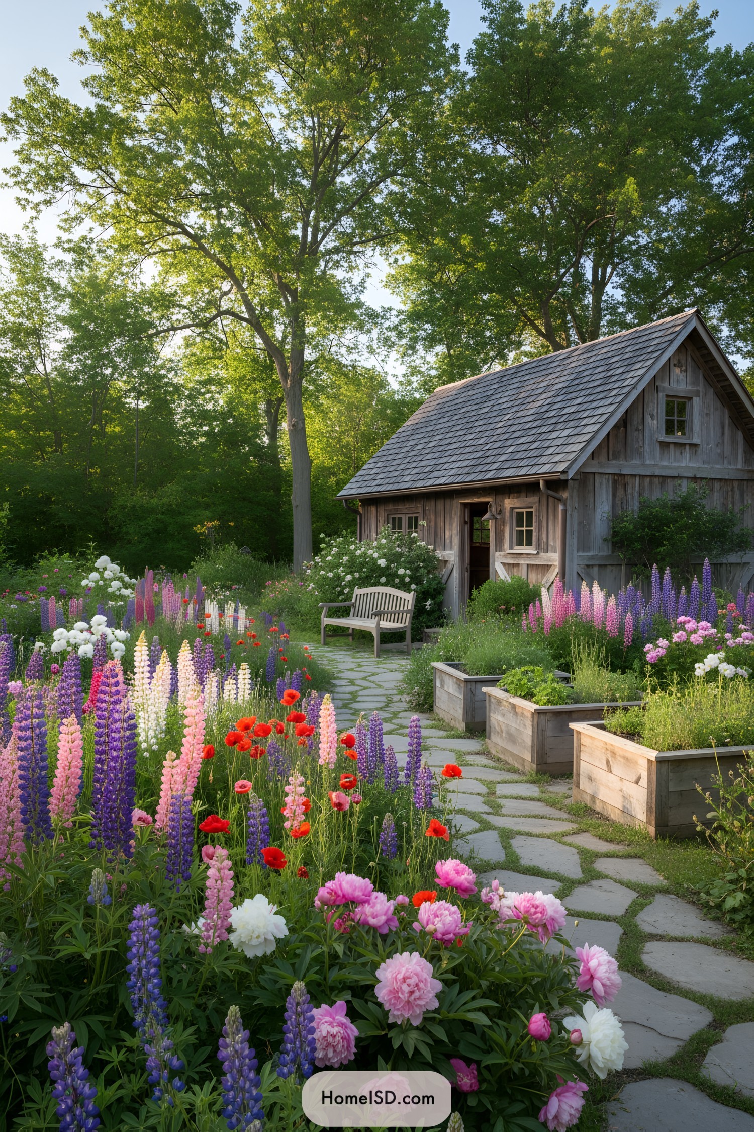 Charming garden with colorful blooms and a wooden shed