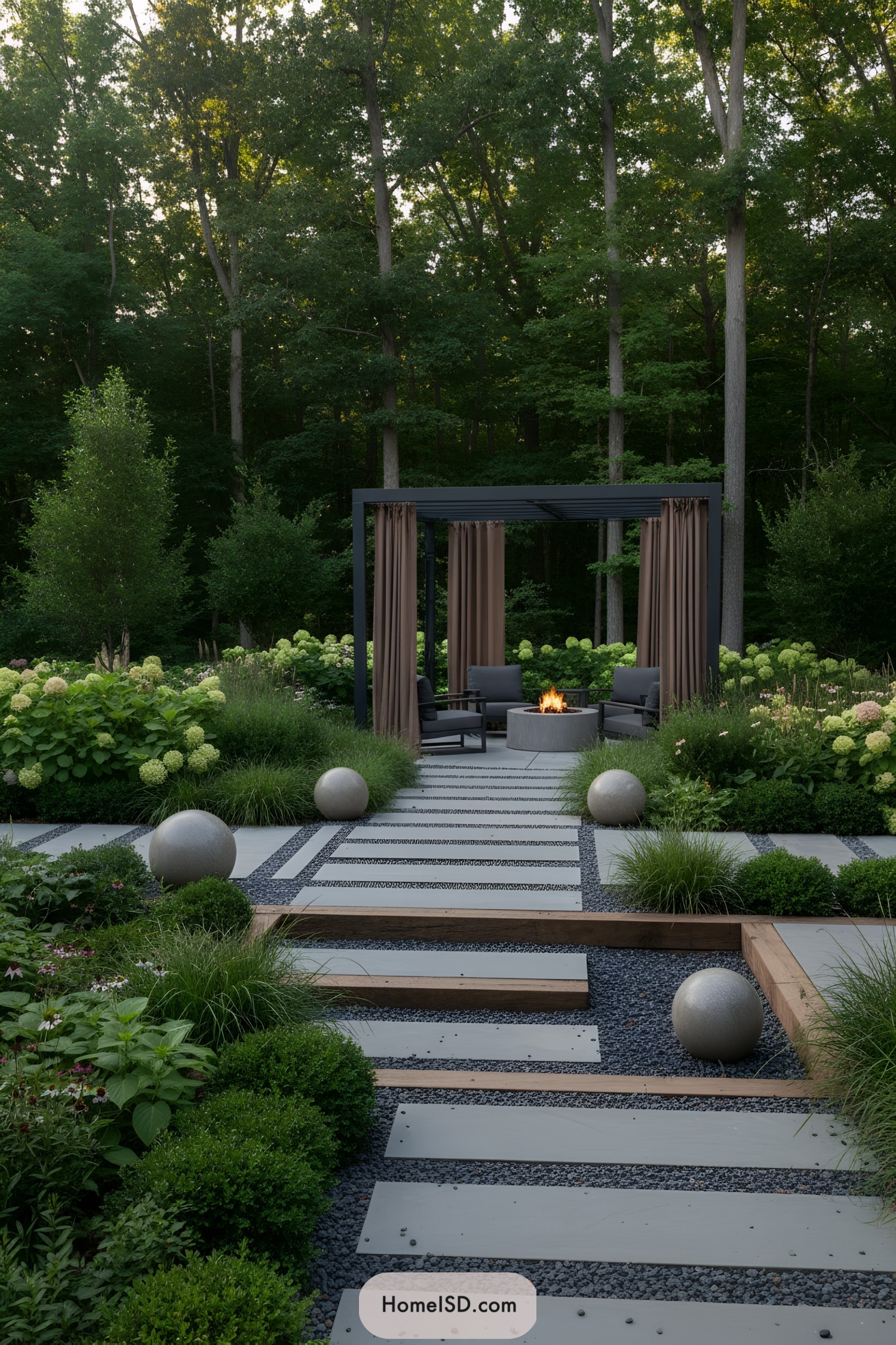 Modern outdoor lounge with firepit in lush greenery