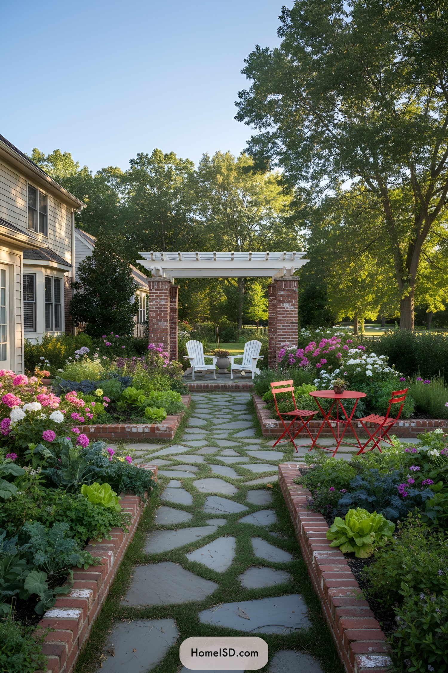 Lush garden with stone path and seating area