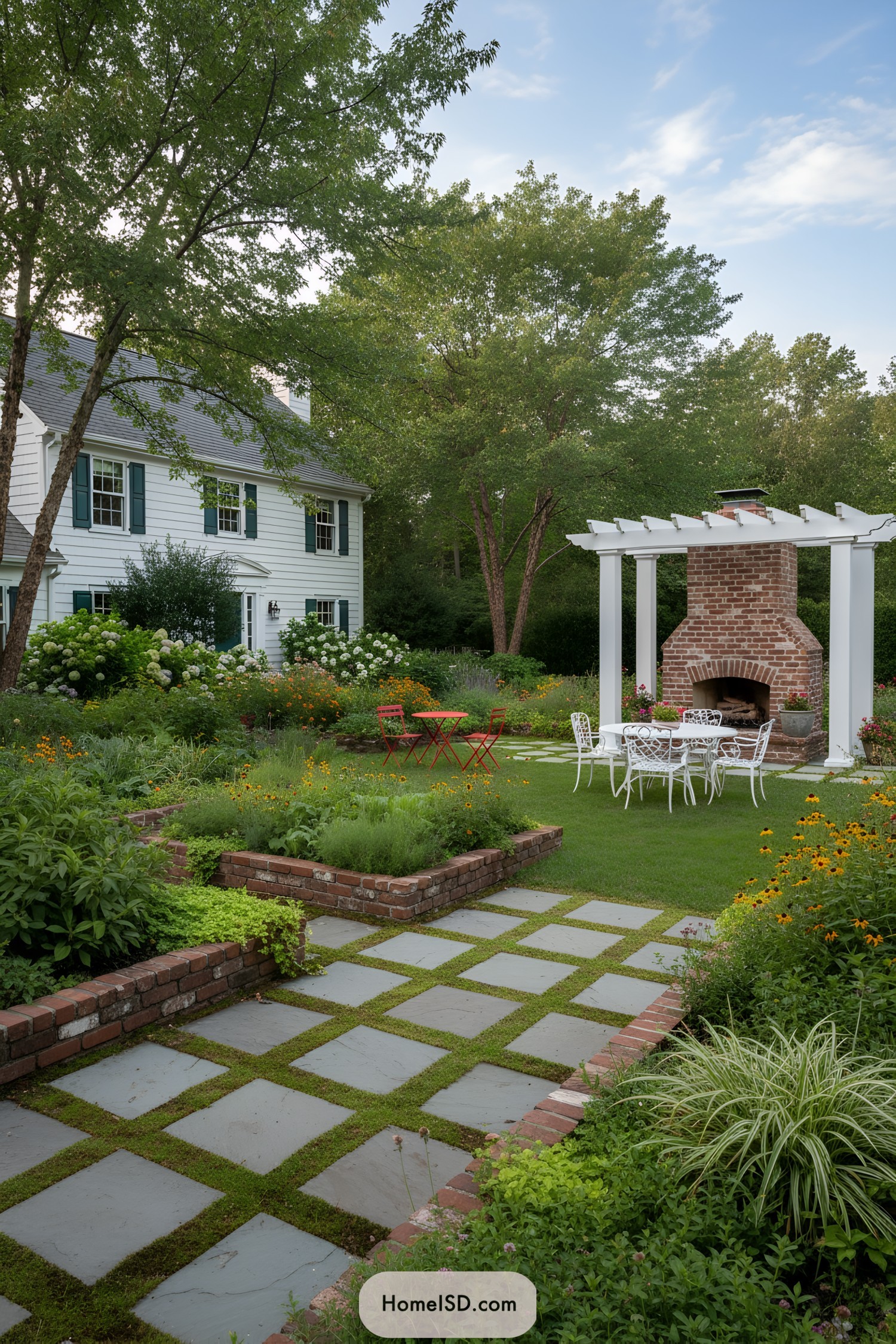 Lush garden with brick fireplace and seating area