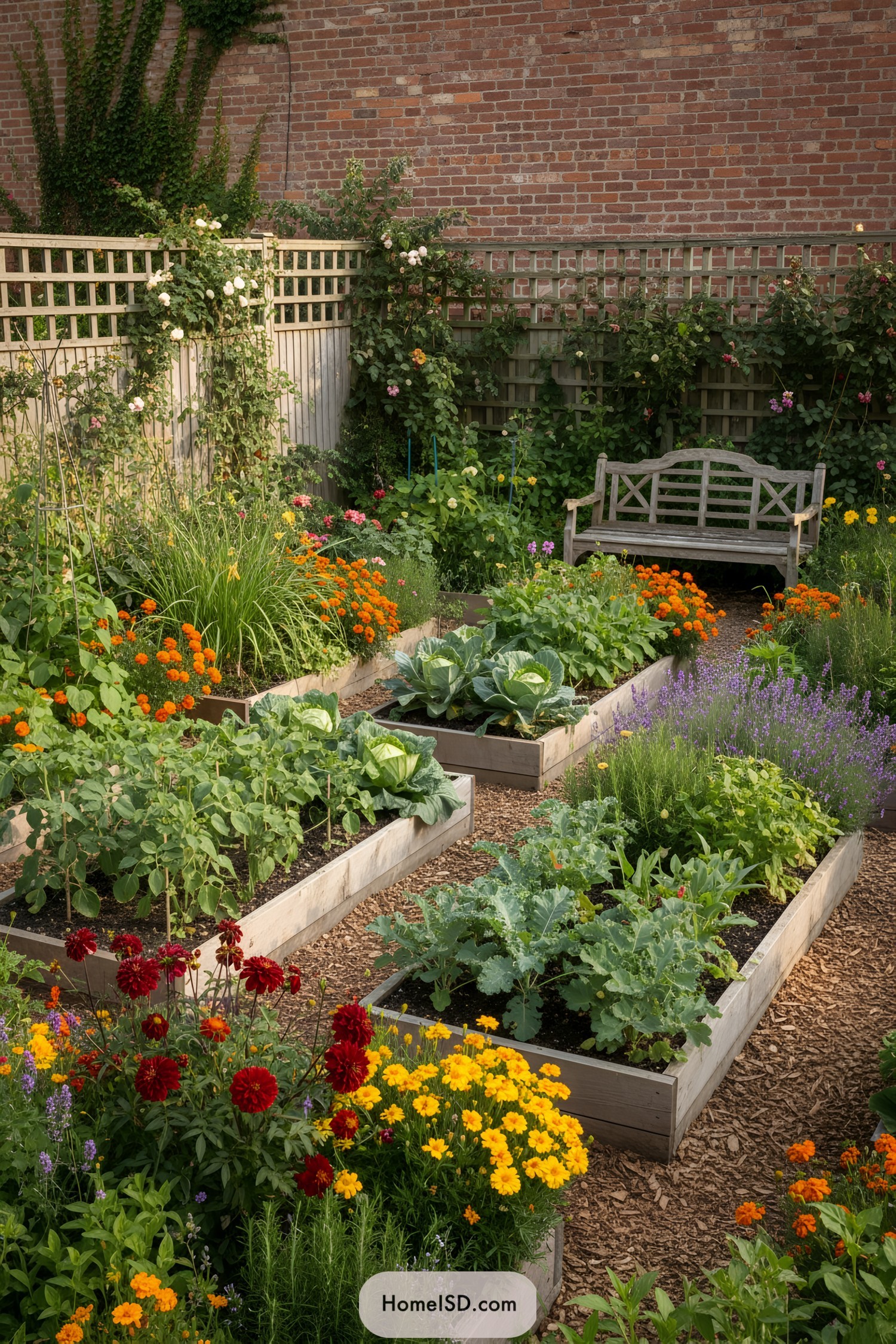 Raised vegetable beds surrounded by colorful flowers