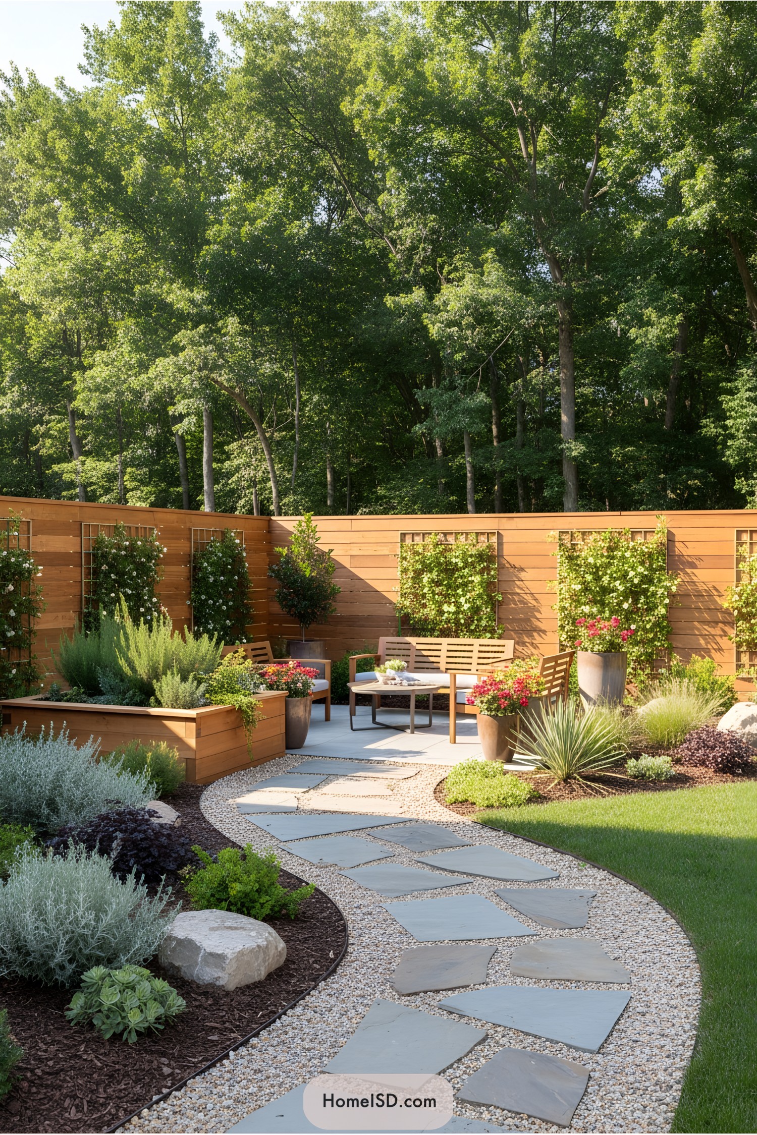 Lush yard with wooden seating area and stone path