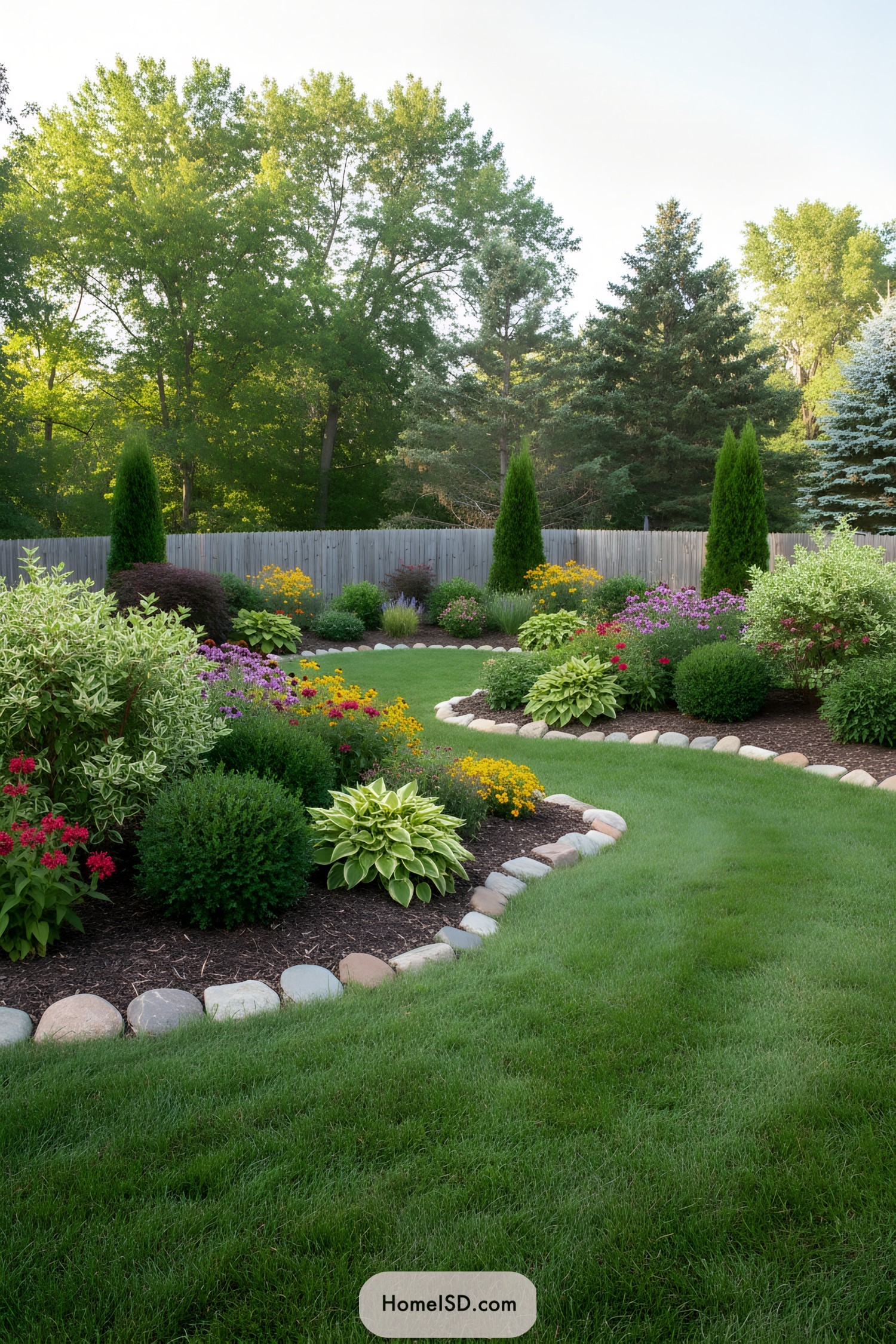 Colorful garden with lush green grass and decorative stone borders