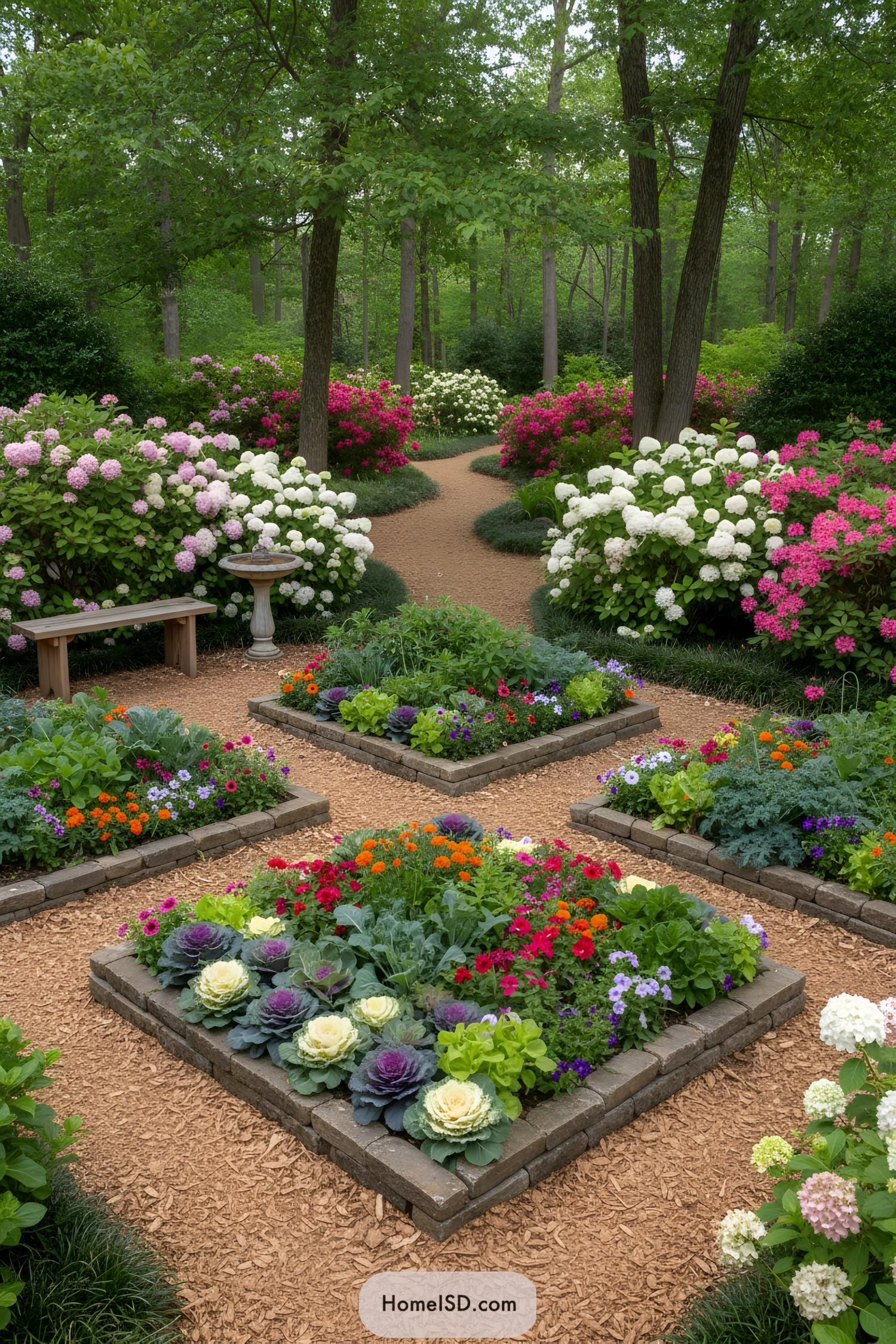 Colorful flowers in a serene garden path