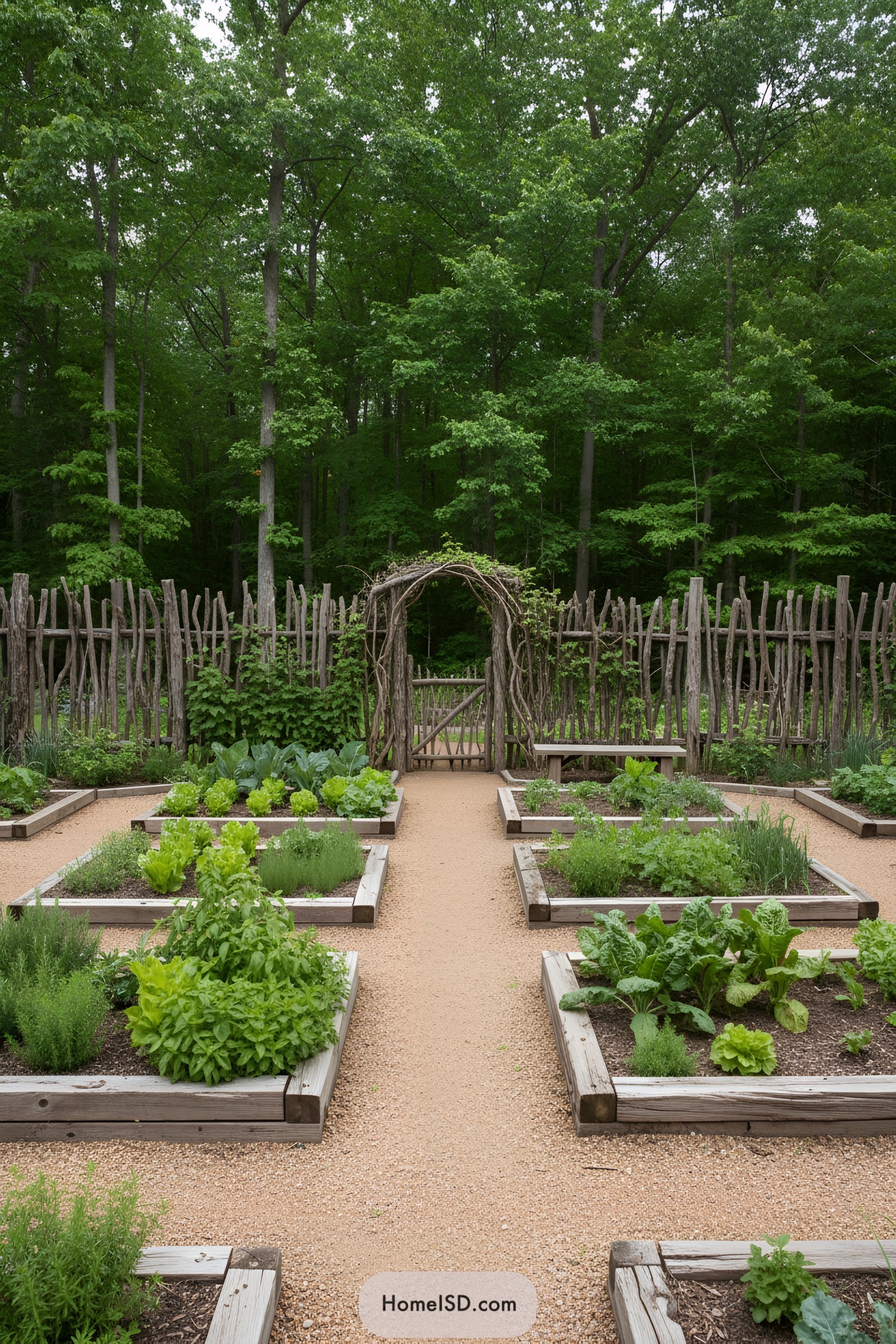 Vegetable garden with rustic fencing and winding path