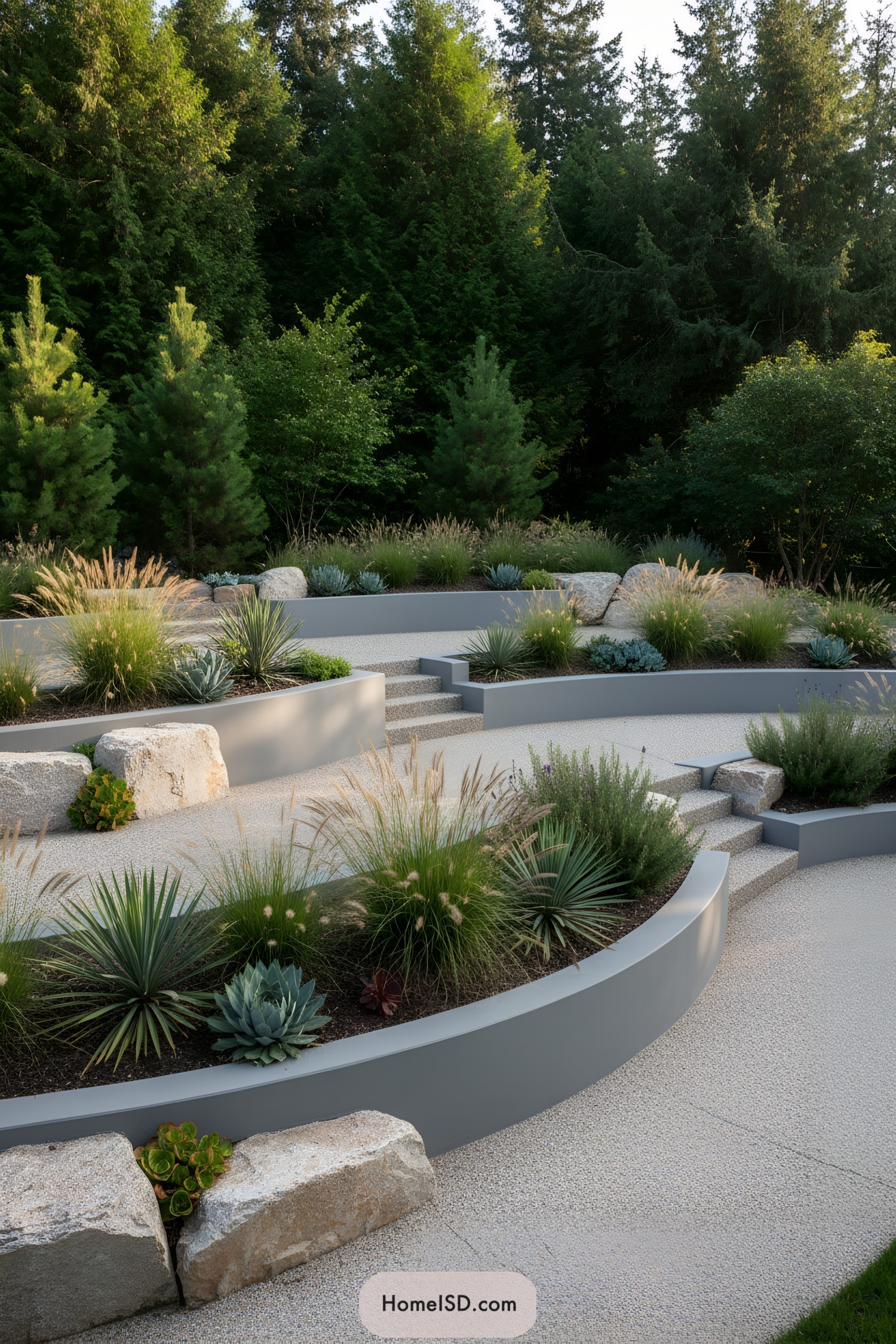 Terraced garden with layered shrubs and stone steps