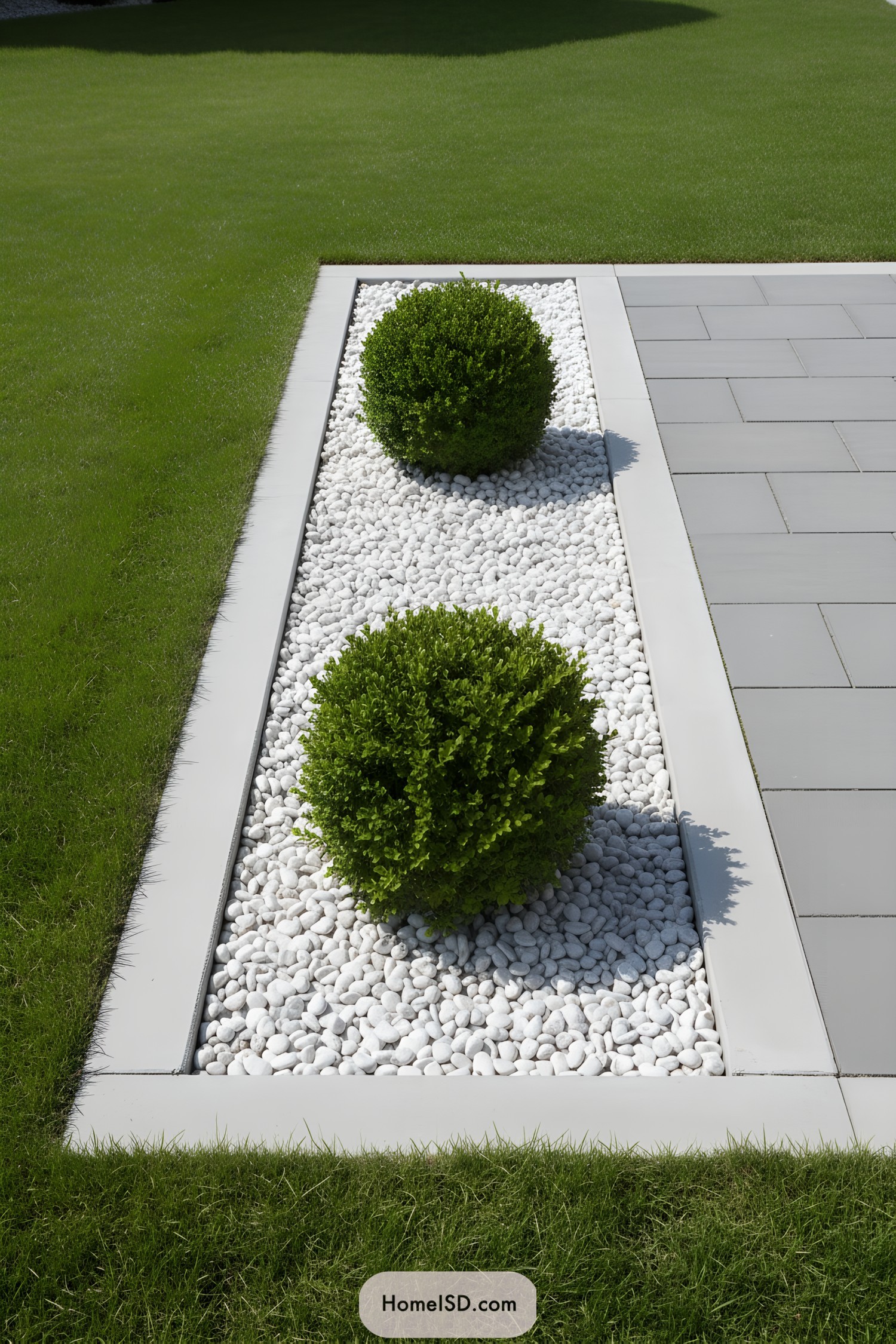 White pebbles with round green shrubs in a modern garden