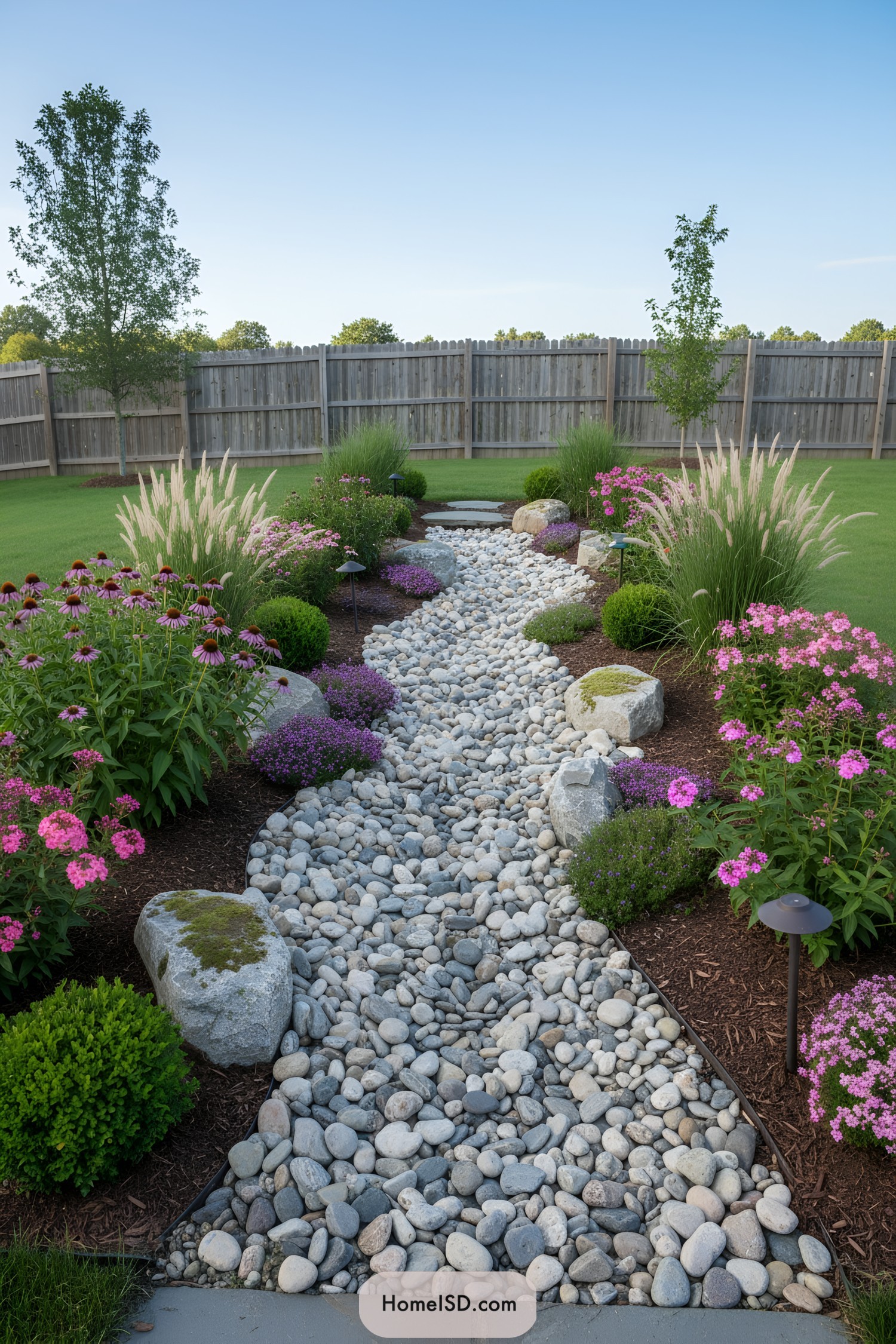 Rocky riverbed with flowers and greenery