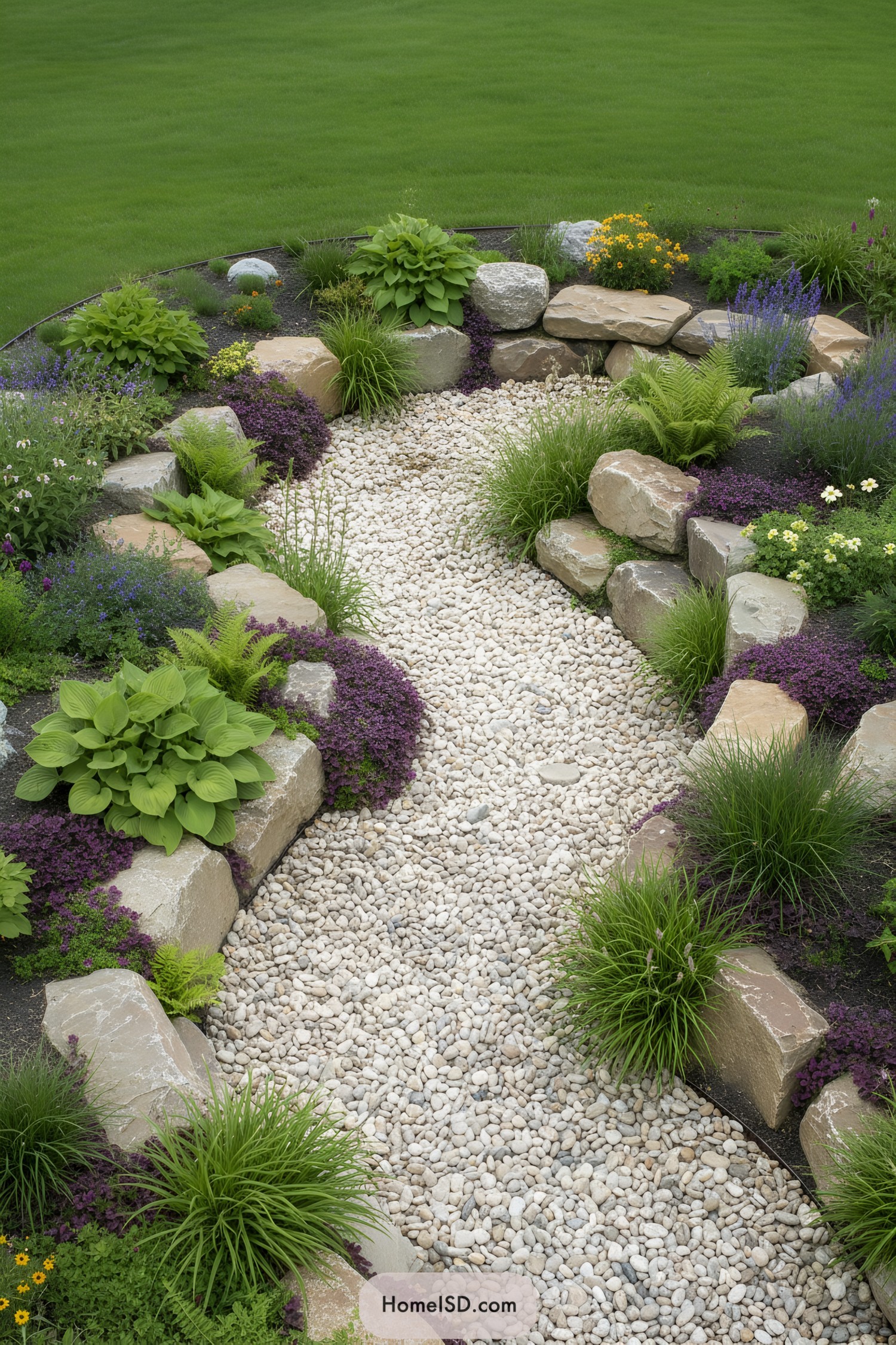 Curvy rock path surrounded by lush greenery and vibrant flowers