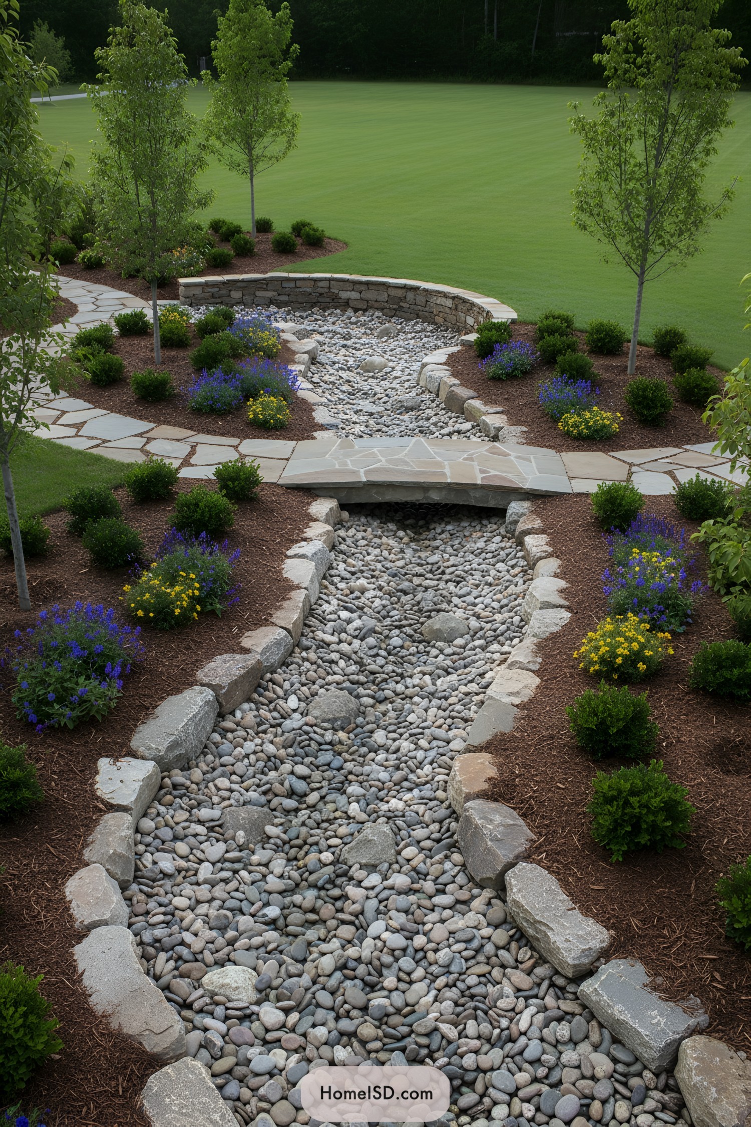 Dry rock riverbed winding through a landscaped garden