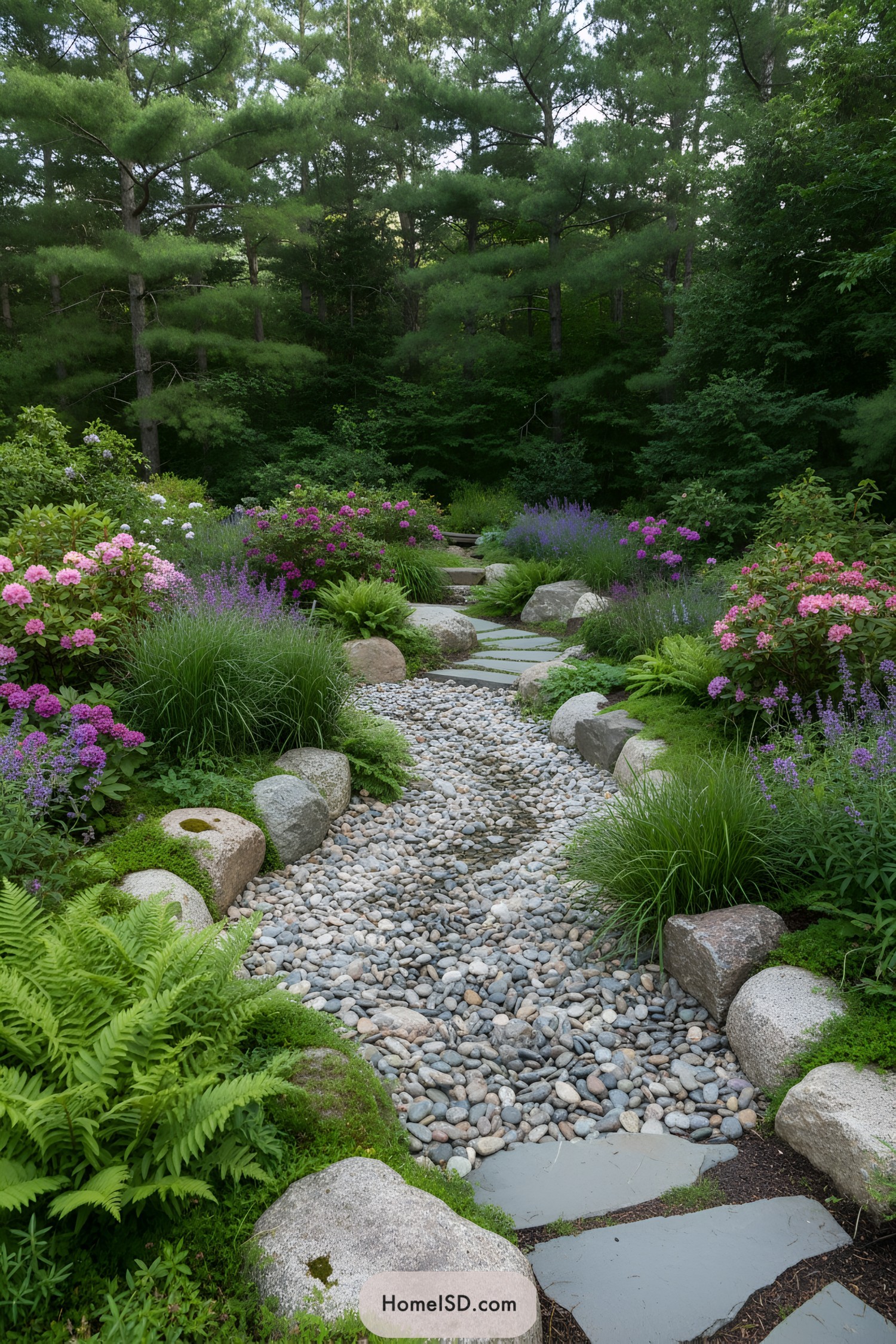 Pebble pathway through lush greenery and colorful flowers