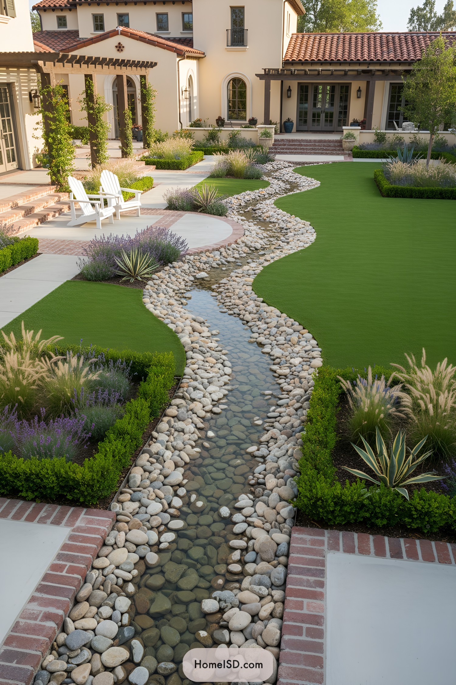 Pebbled stream winding through a lush garden