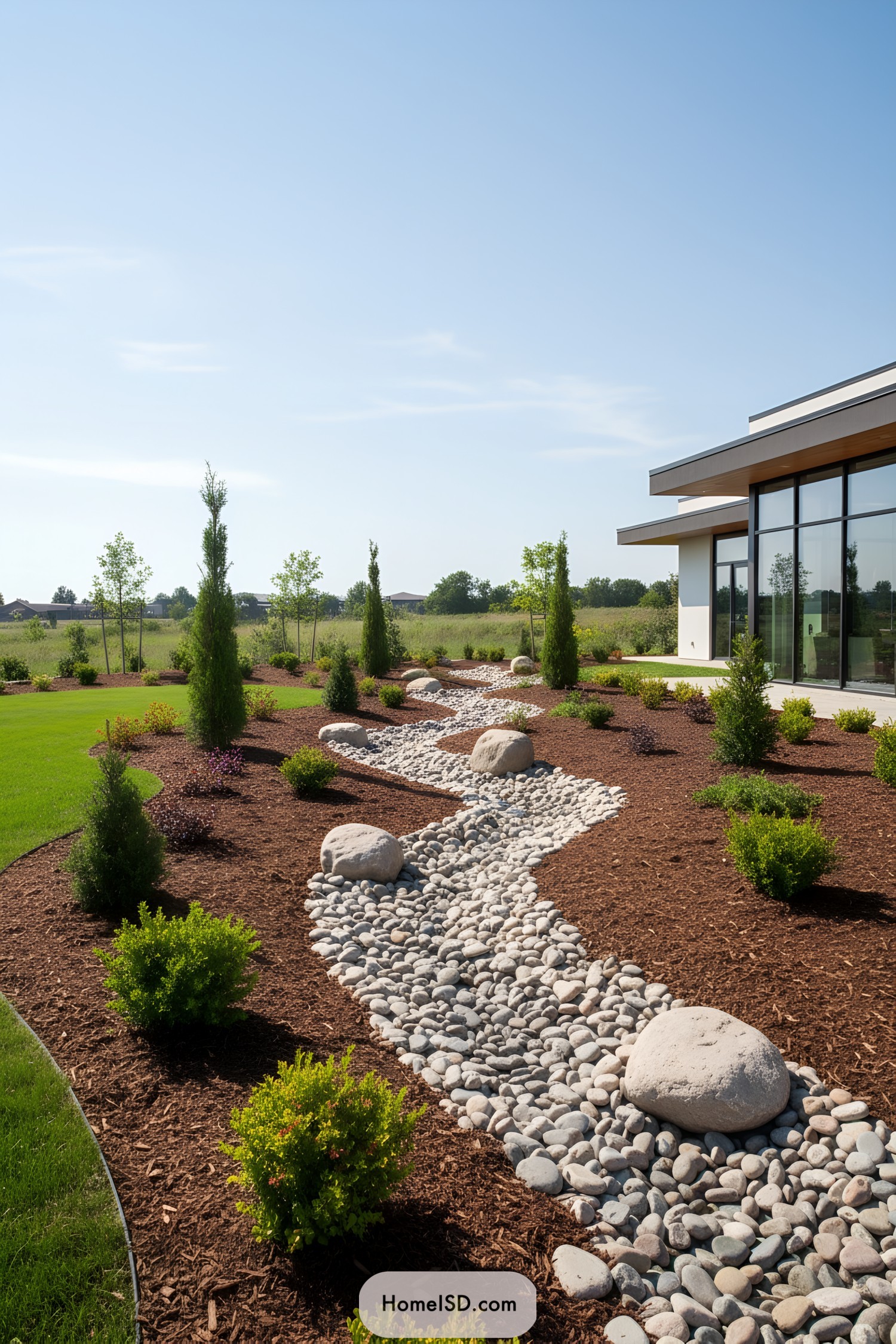 Rock riverbed garden with a modern house