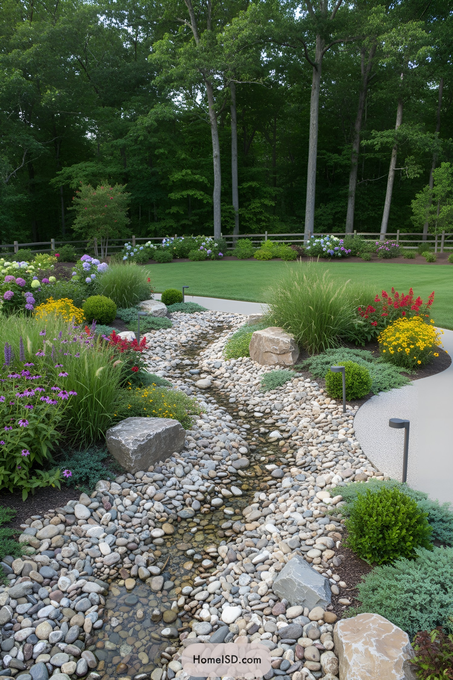 Rocky landscape with a winding pebble riverbed and lush greenery