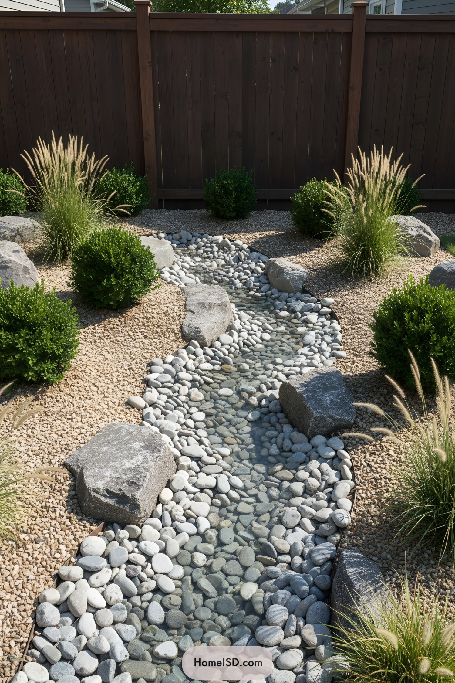 A winding riverbed of smooth stones with verdant accents