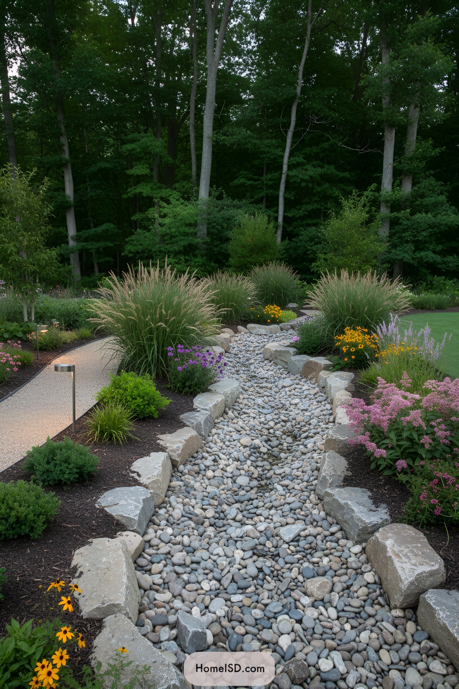 Pebble-lined dry stream with lush plant borders