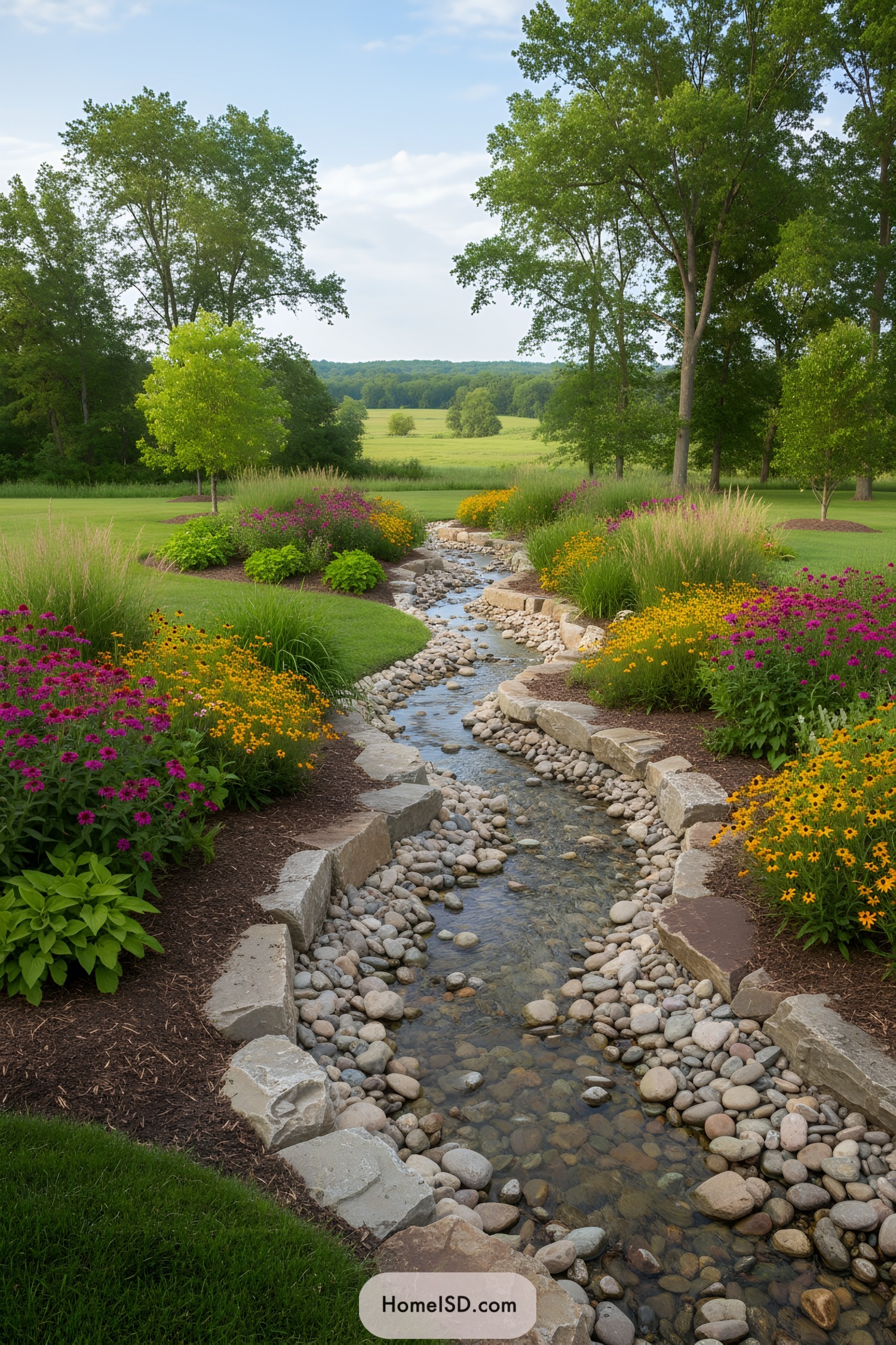 Pebble-lined creek through vibrant garden flowers