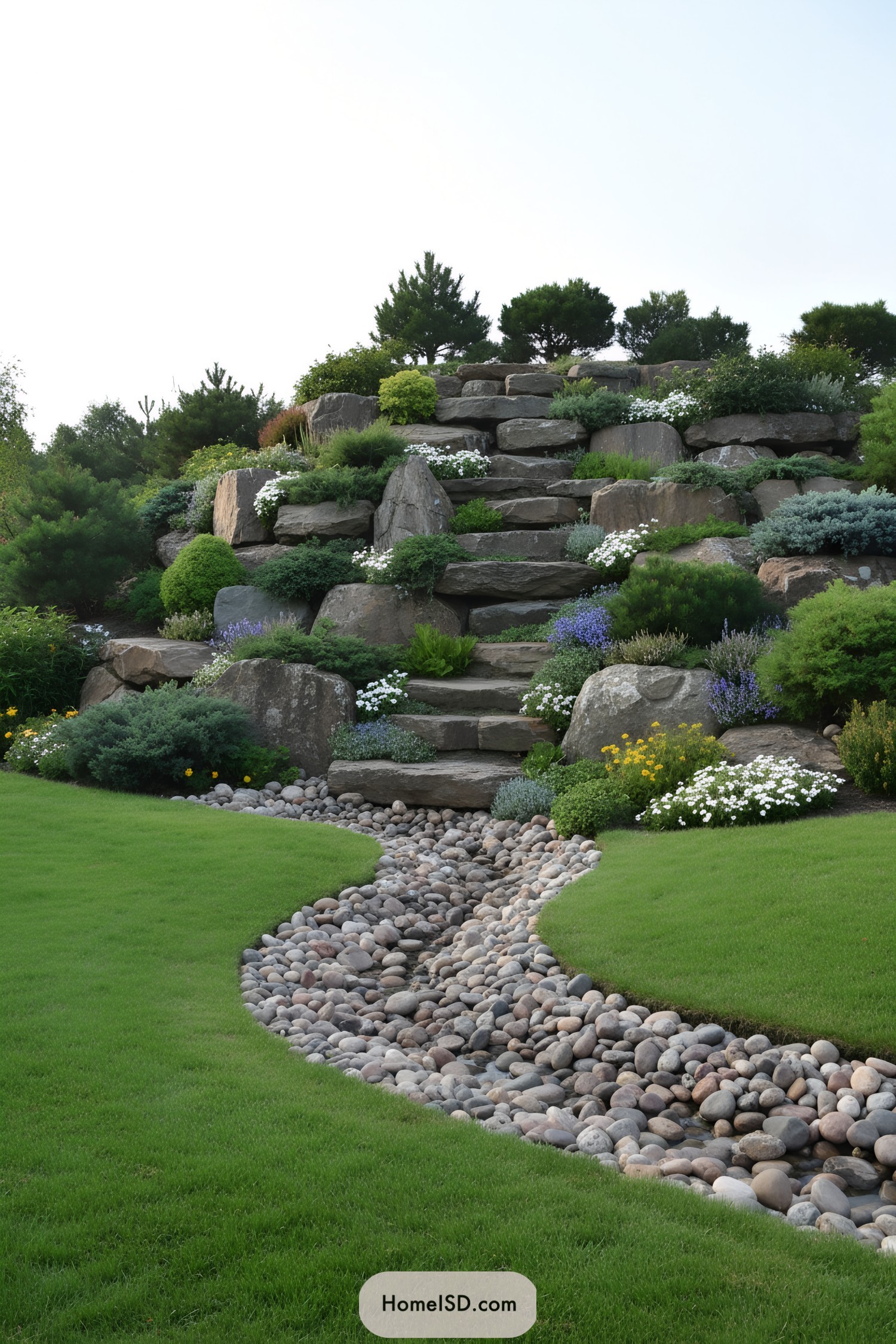 Riverbed of pebbles with cascading rocks and lush greenery