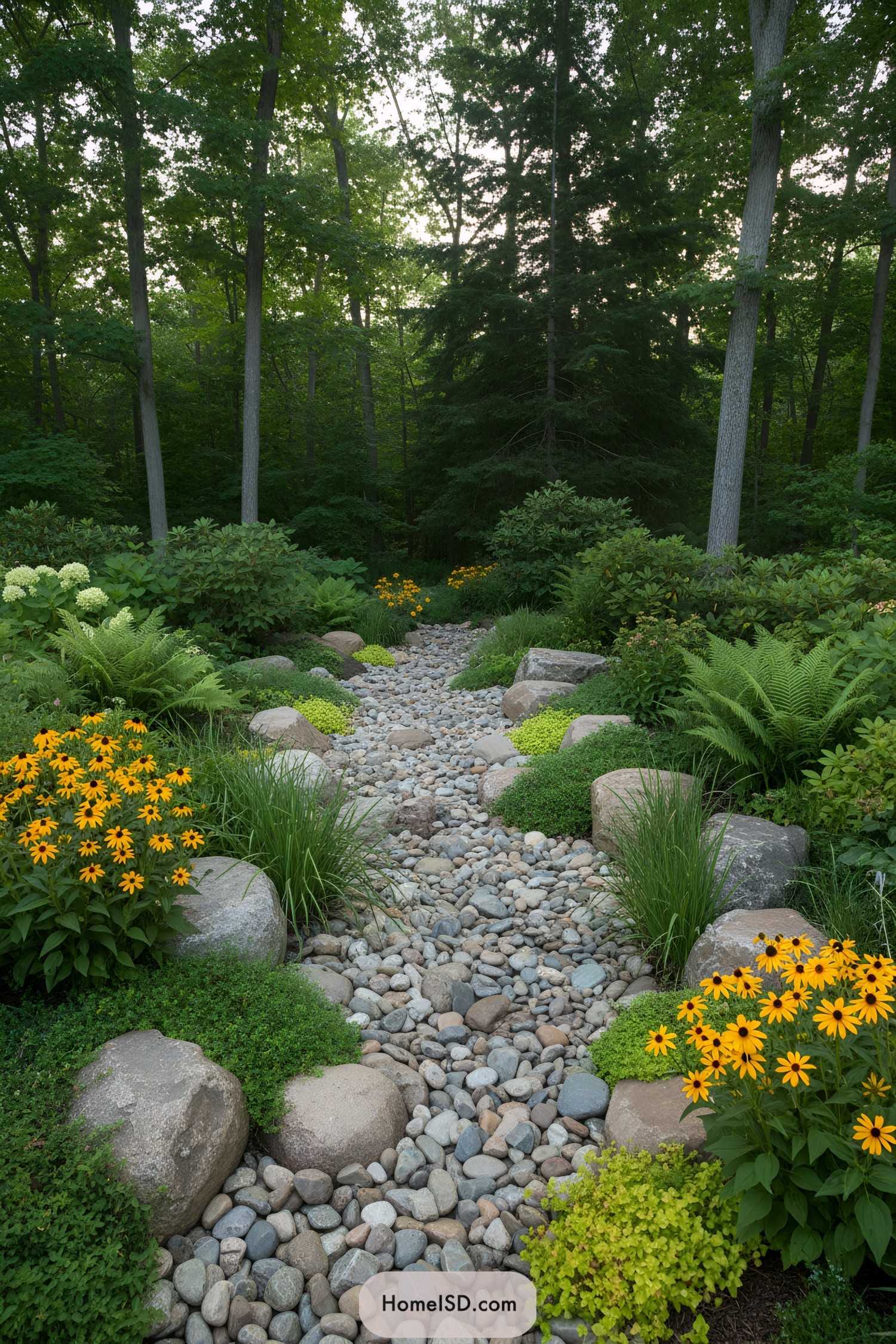 Rocky garden path with flowers and ferns