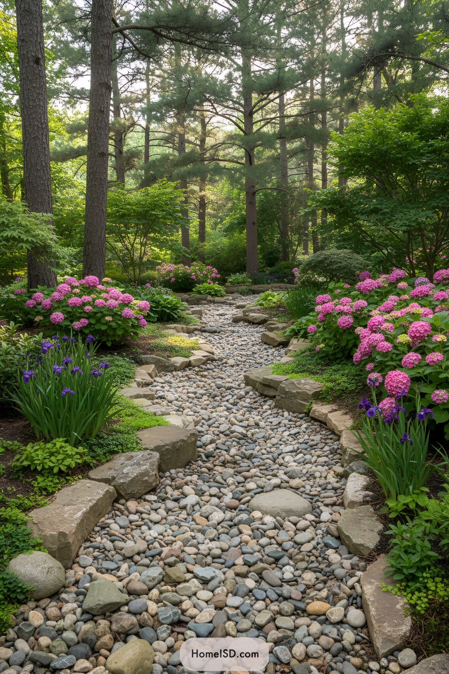 Rocky garden path surrounded by vibrant flowers