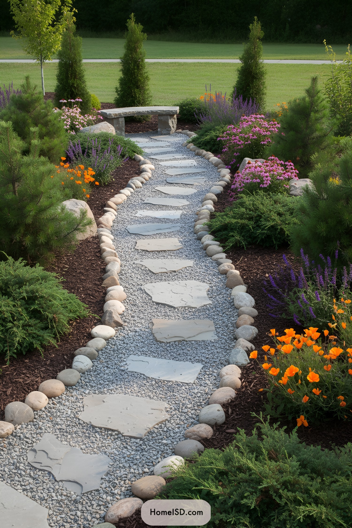 Winding stone pathway through a vibrant garden