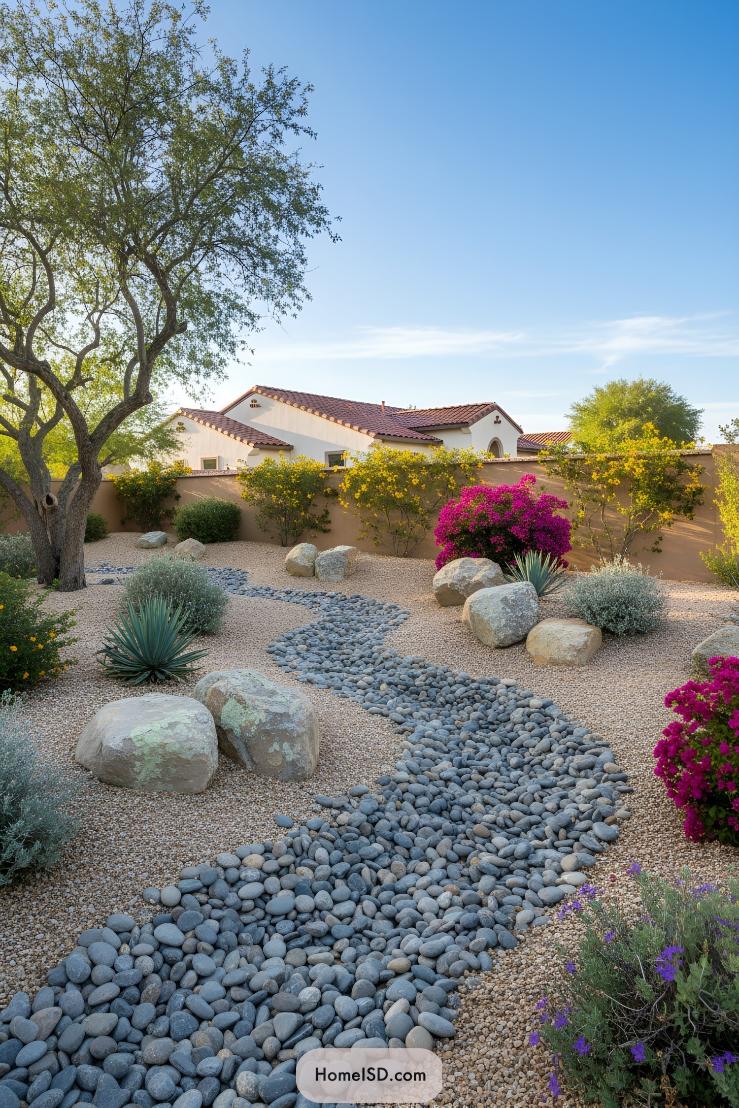 Decorative rock path meandering through a garden with desert plants