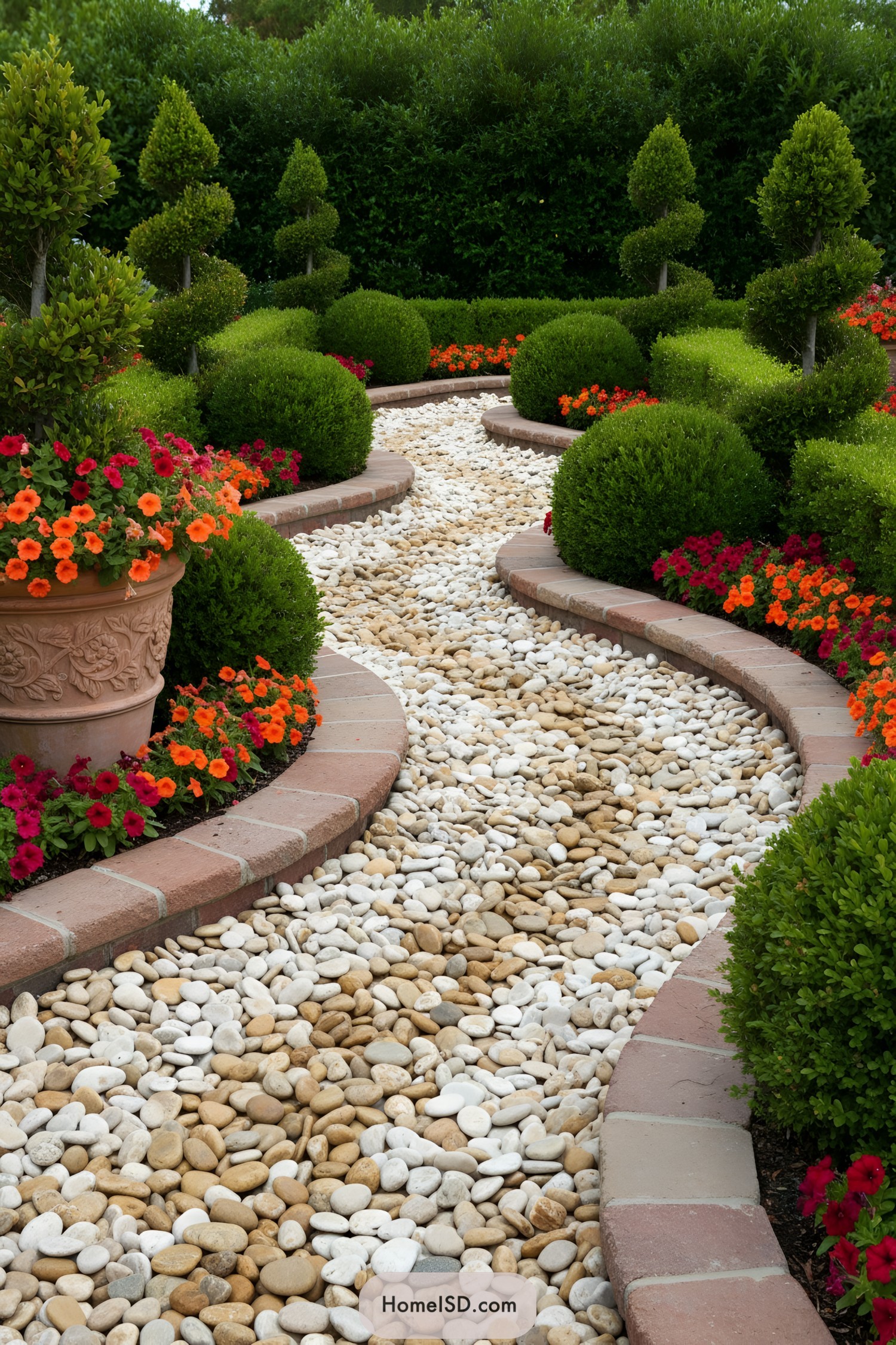 Pebble-filled garden path with colorful blossoms and manicured bushes