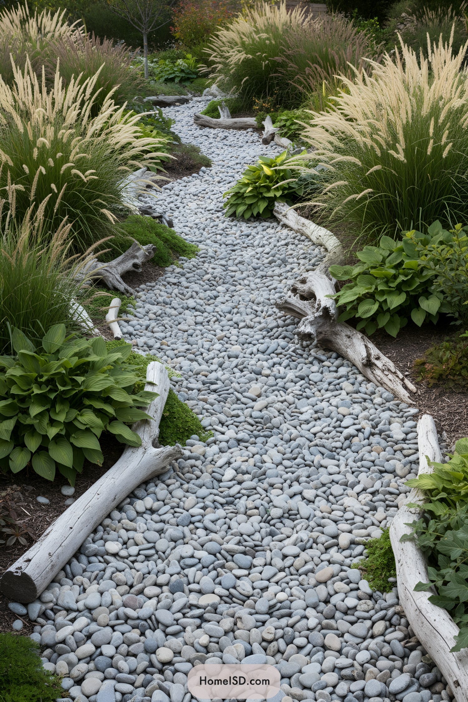Pebble riverbed winding through tall grasses and plants