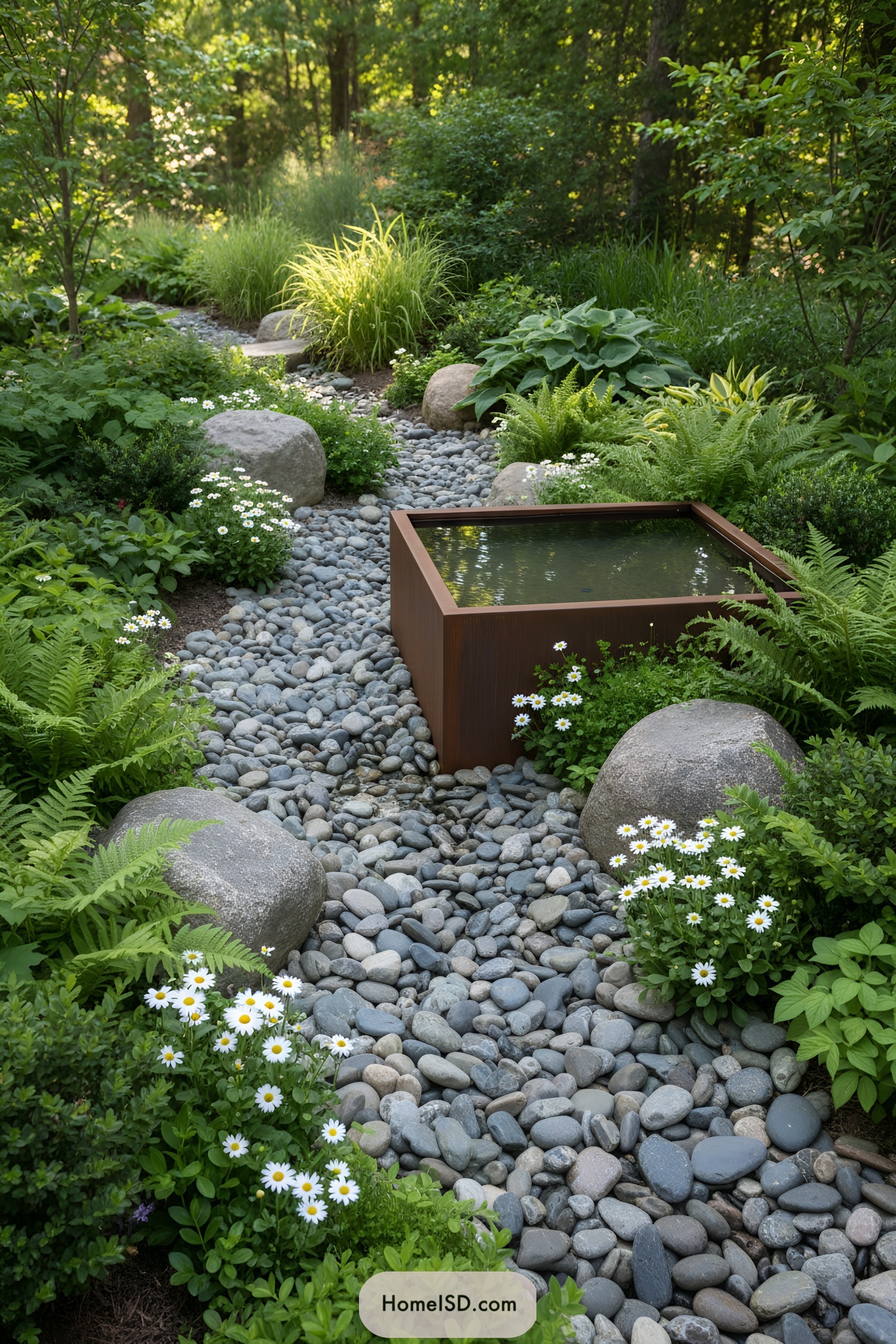 Peaceful rock garden with pebbles and lush greenery