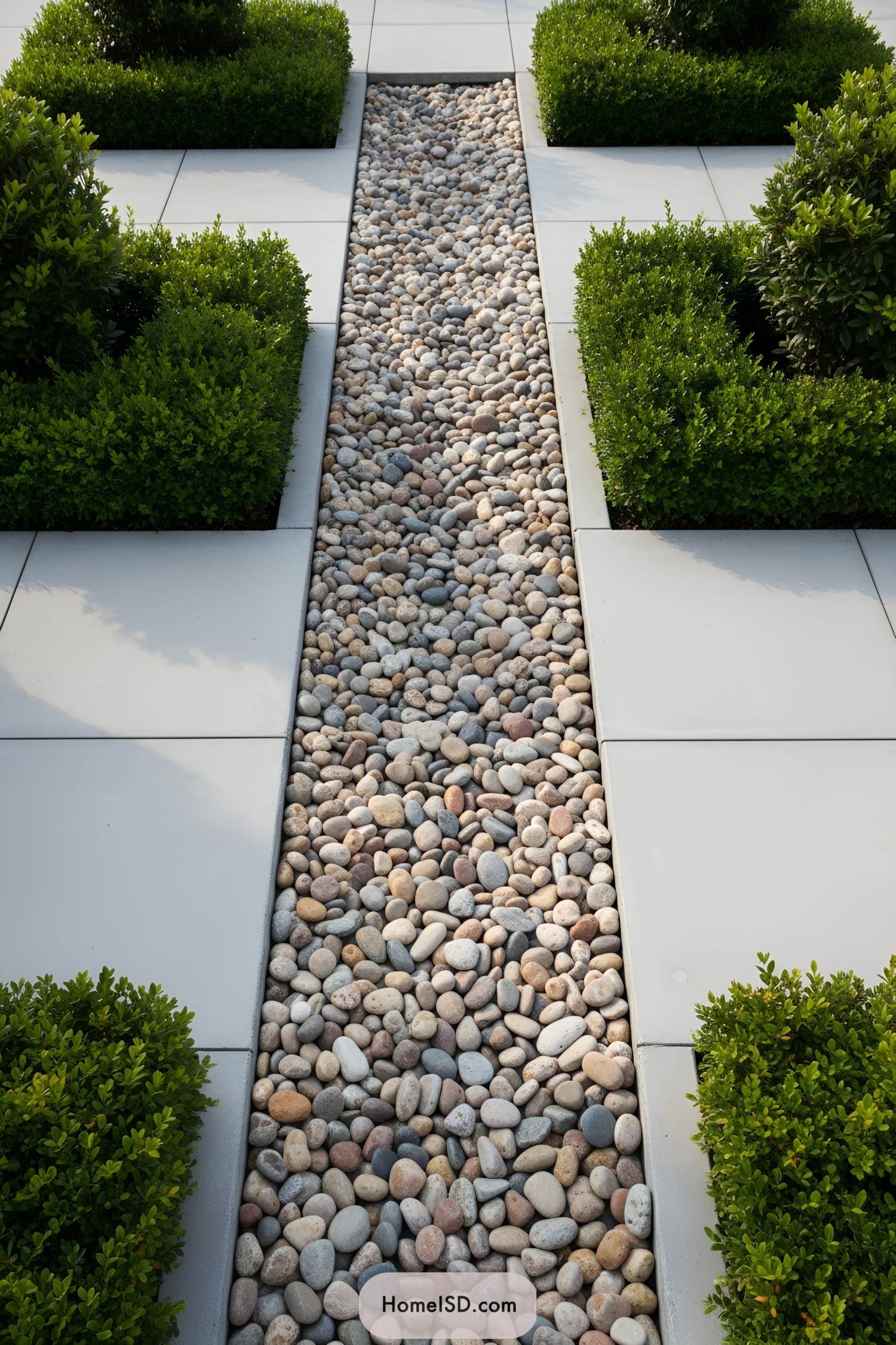 Elegant pebbles set between trimmed hedges