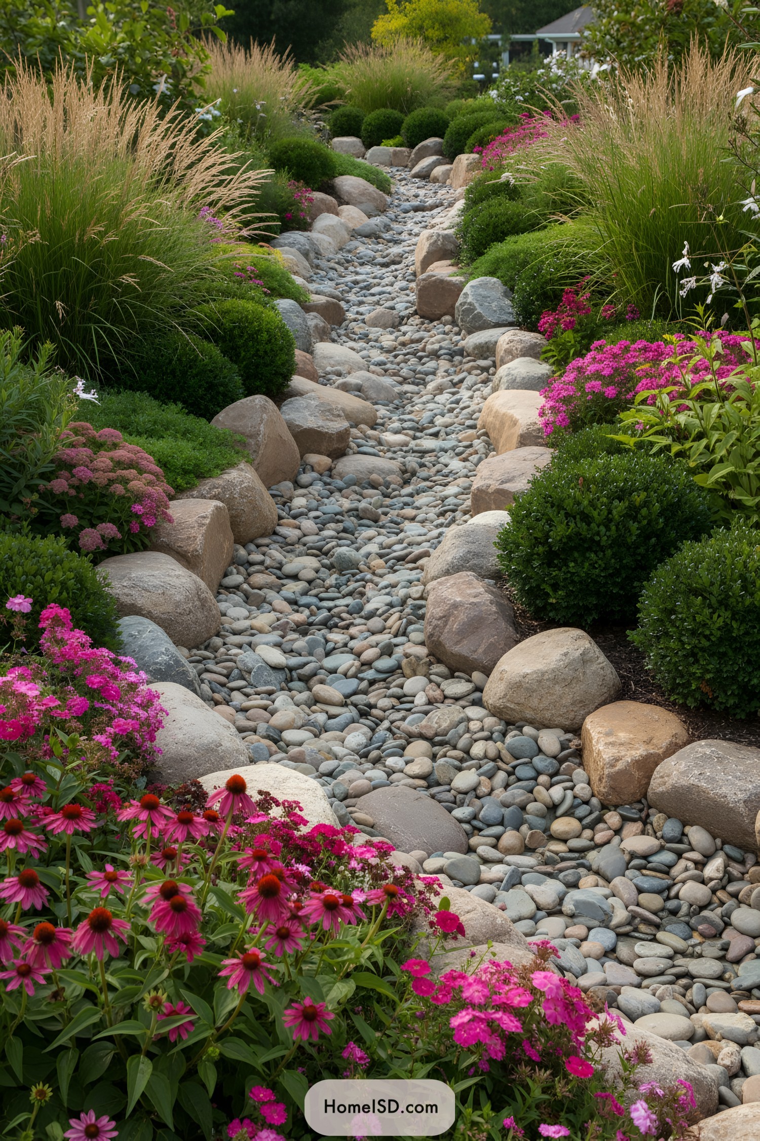 Colorful garden with a pebble-strewn path