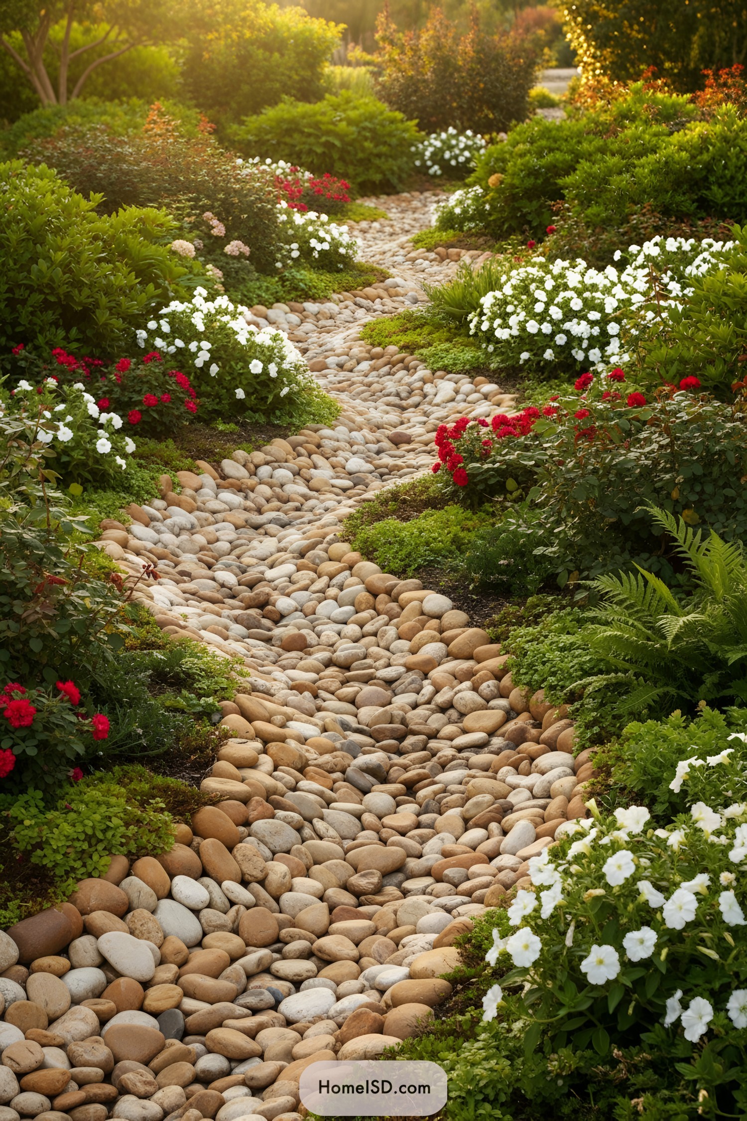 Flowers and pebbles create a picturesque garden path