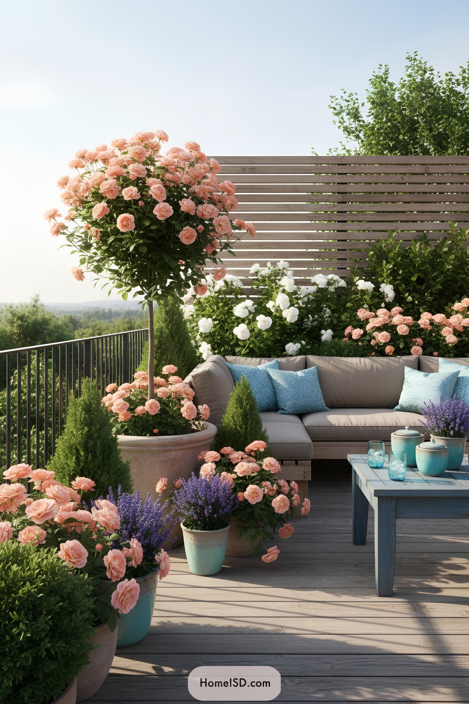 Container roses and lavender on a cozy terrace with sectional seating