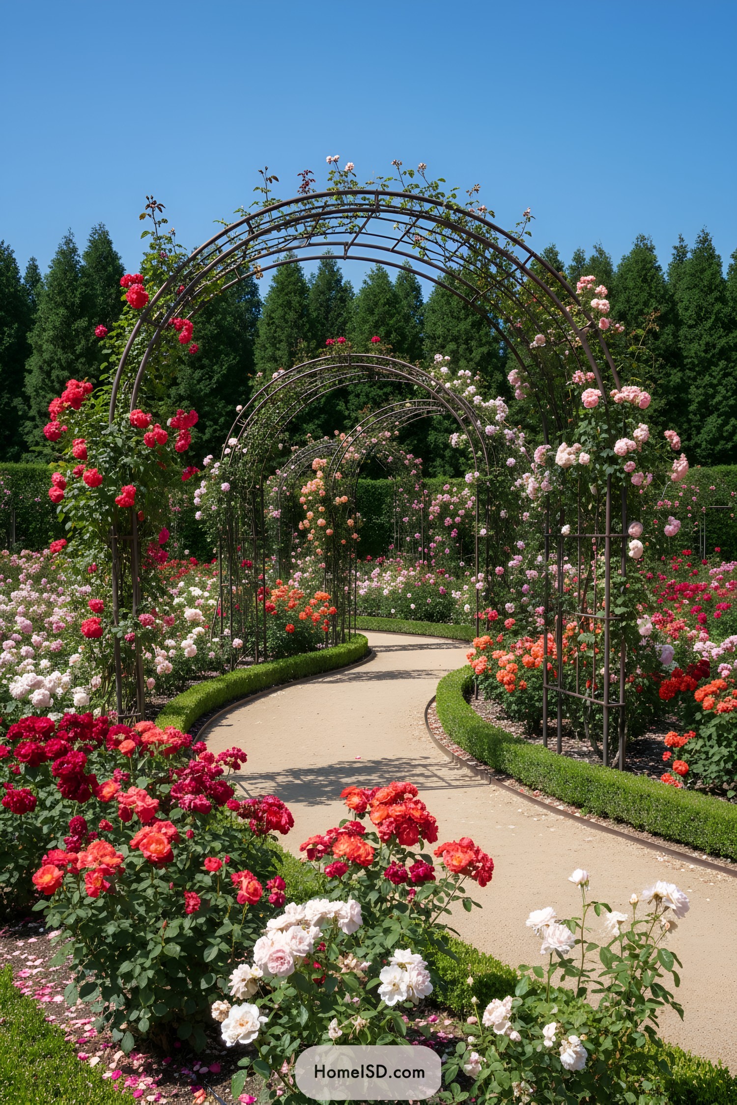 Curved path under metal rose arches in bloom