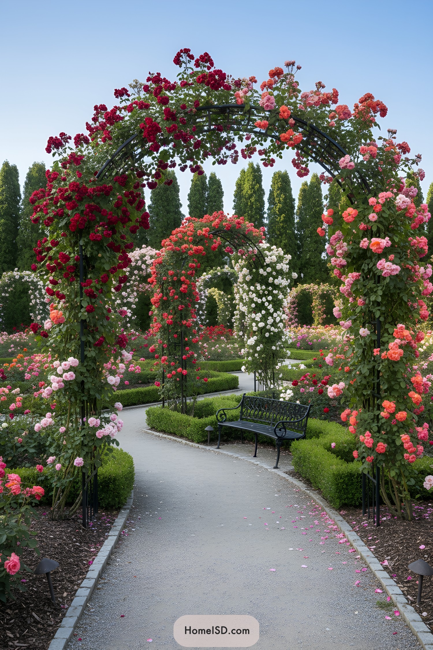 Curving path under rose-covered metal arches with bench and manicured hedges