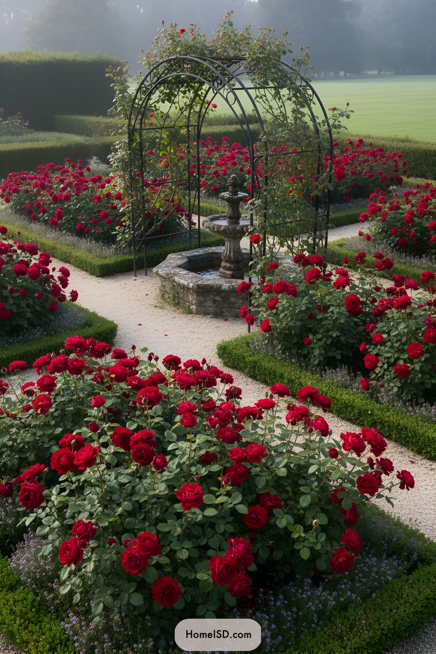 Arched metal trellis and fountain amid red rose beds