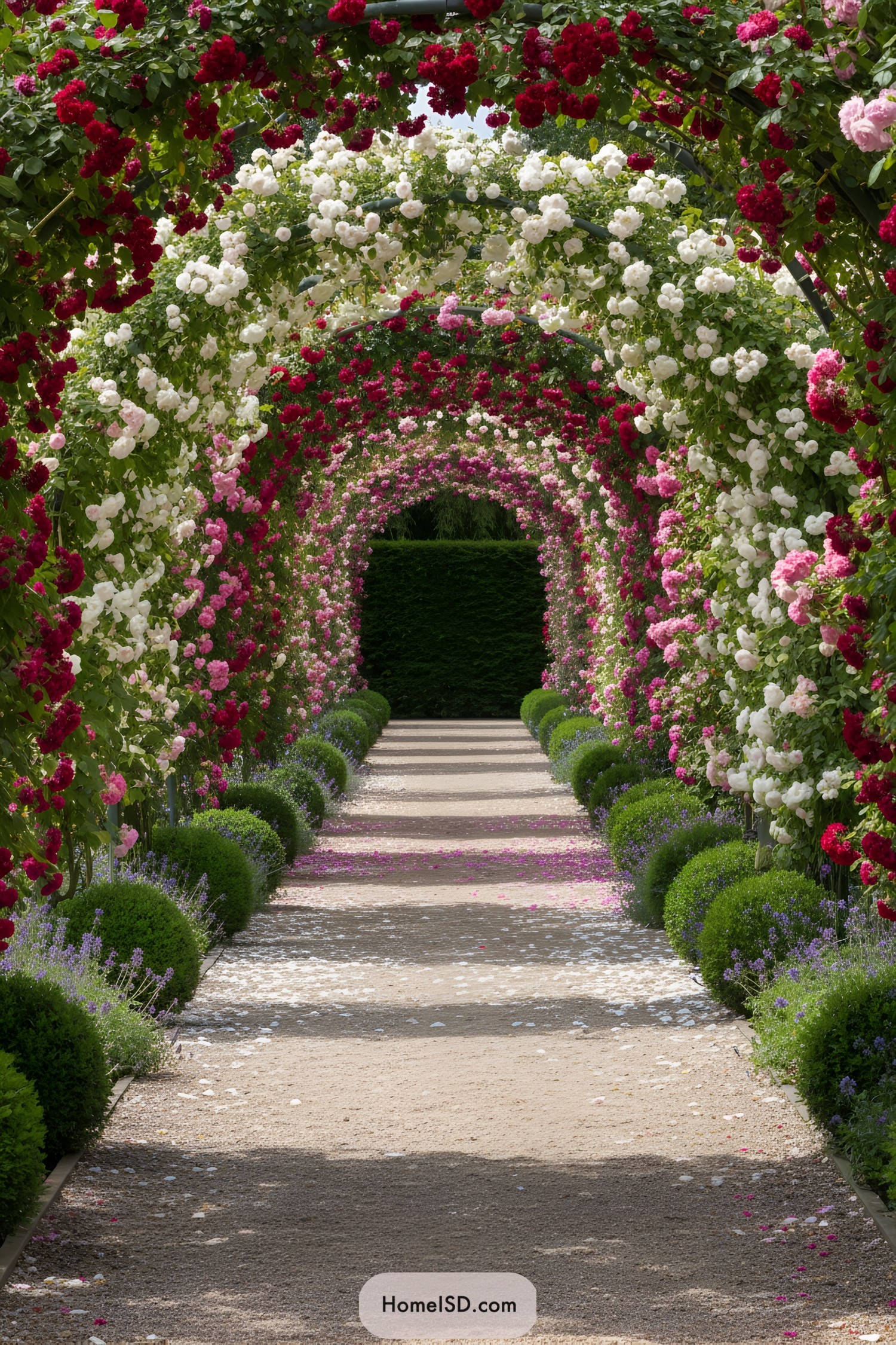Arched rose walkway with petals on gravel
