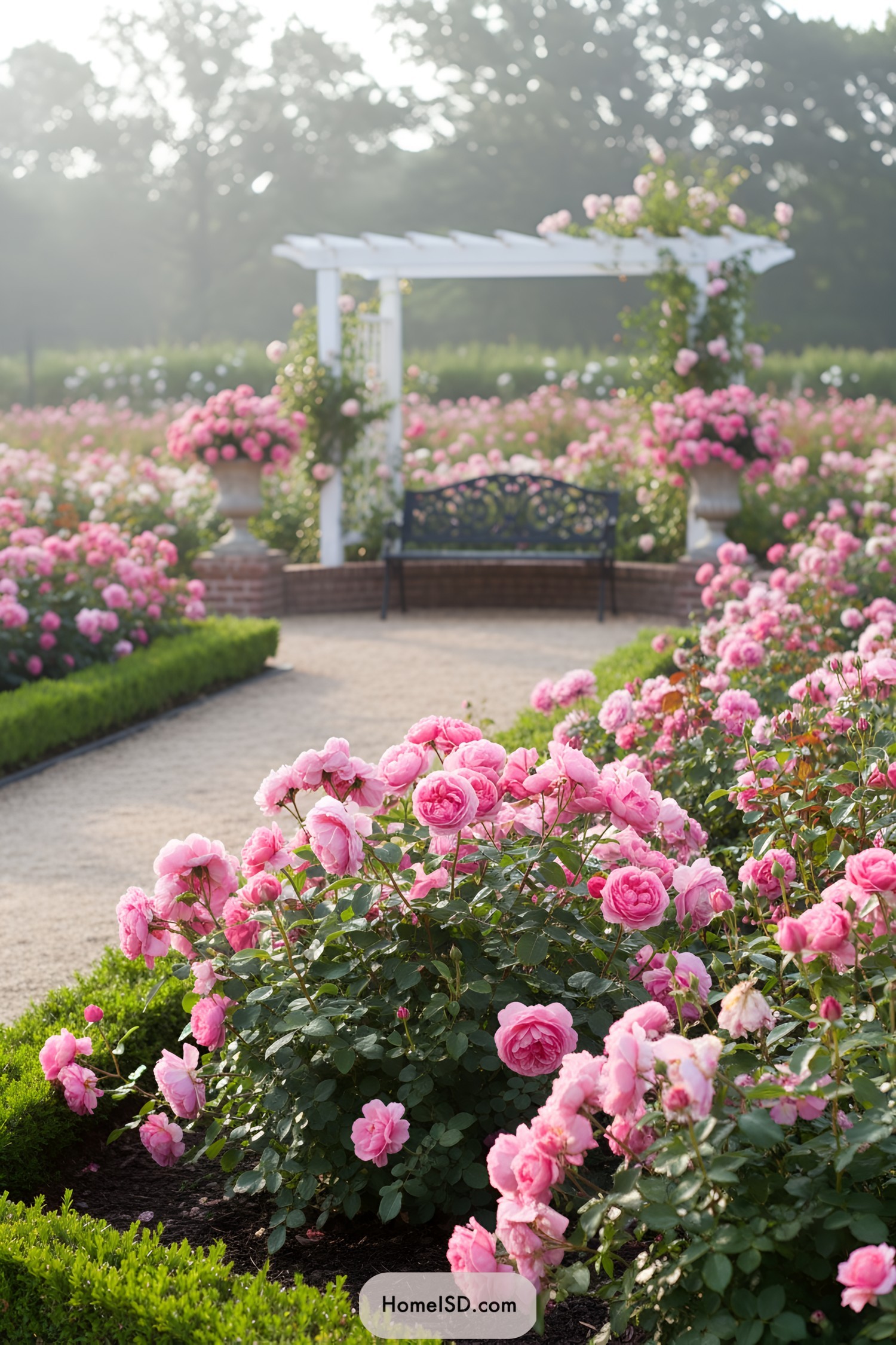 White pergola with bench in pink rose garden