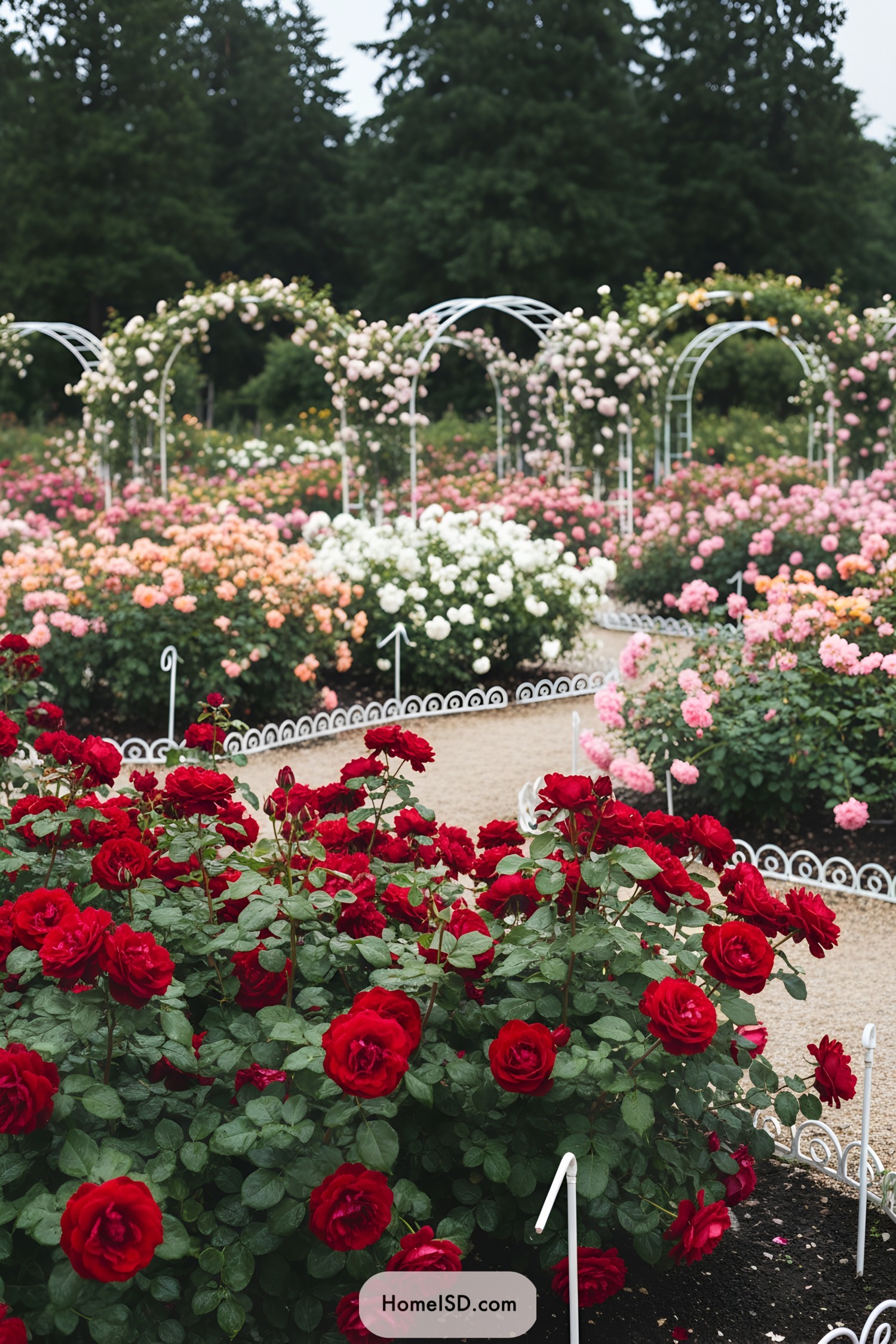 Curved white arches over multicolor rose parterres