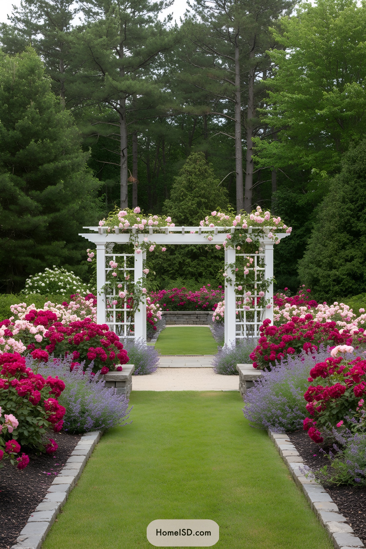 White pergola framed by red and pink roses