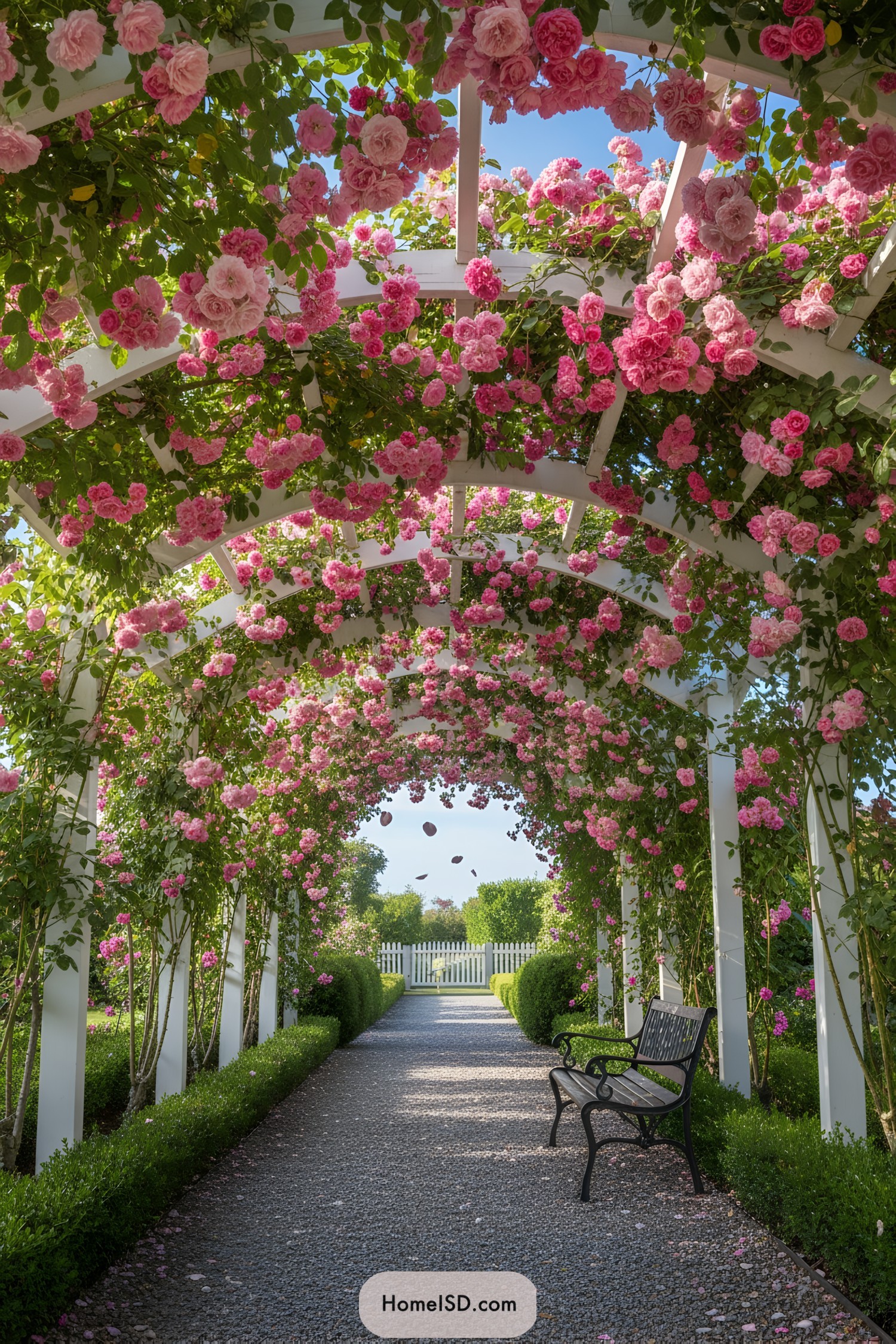 White arbor tunnel draped in pink roses with a gravel path and bench
