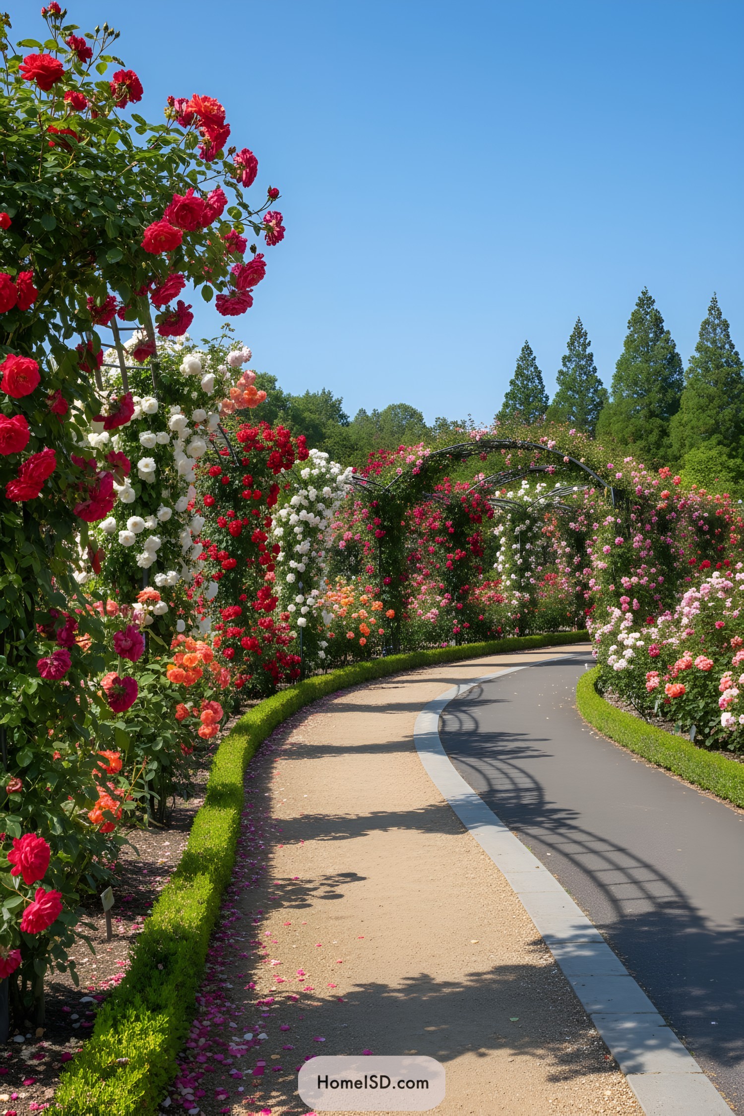 Curved path under rose-covered metal arches