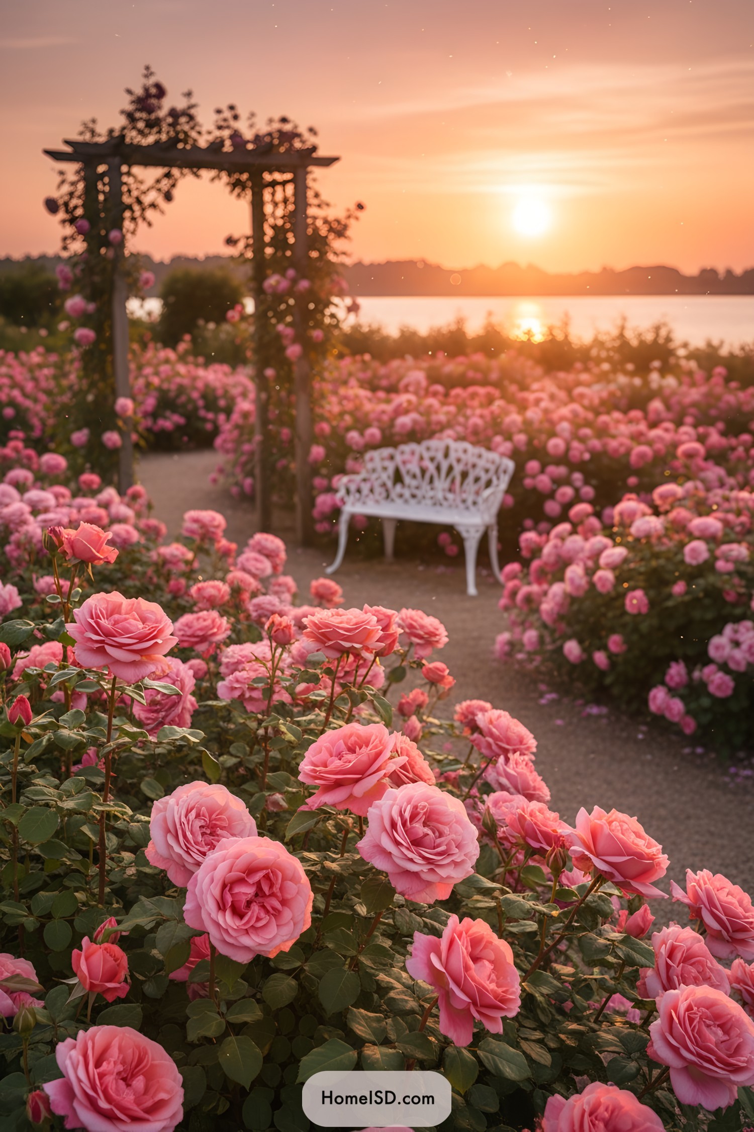 White garden bench by sunset rose beds
